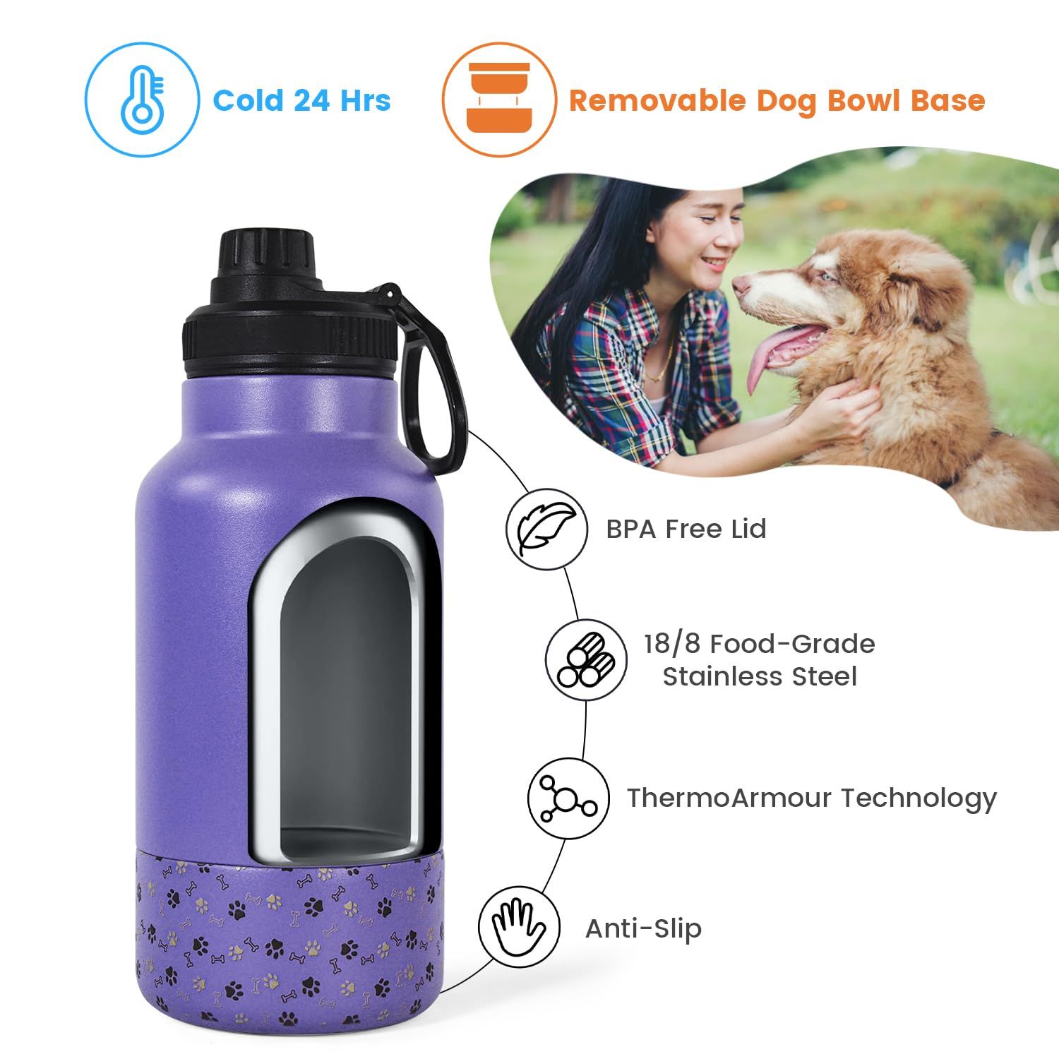 AGH Dog Water Bottle, 32oz Portable Dog Water Bottle with Detachable Bowl Food Feeding, Double Wall Vacuum Flask Stainless Steel Dog Travel Water Bottle for Walking and Hiking, Purple