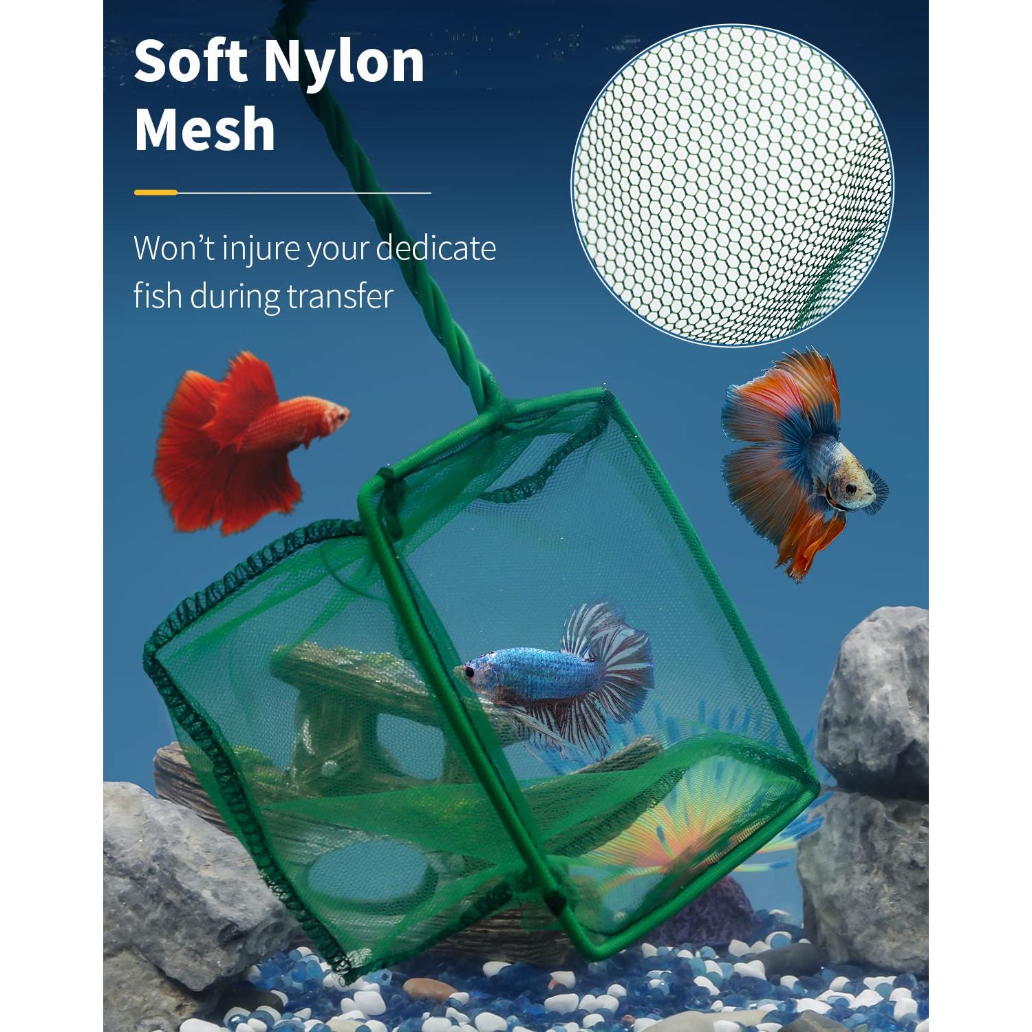 Pawfly 4 & 6 Inch Aquarium Fish Net Set with Braided Metal Handle Square Green Net with Soft Fine Mesh Sludge Food Residue Wastes Skimming Cleaning Net for Fish Tanks Small Koi Ponds and Pools