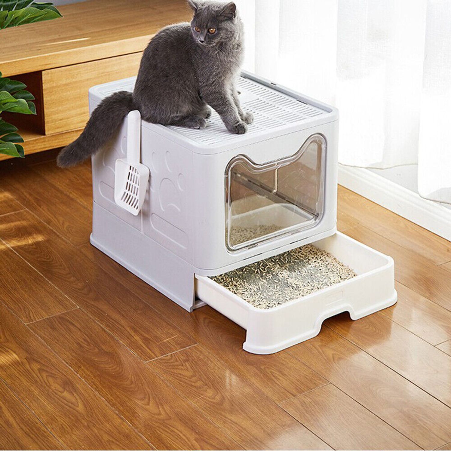 Self-Cleaning Cat Litter Box Large Cat Pan Drawer Anti-Splashing Cat Potty Tray