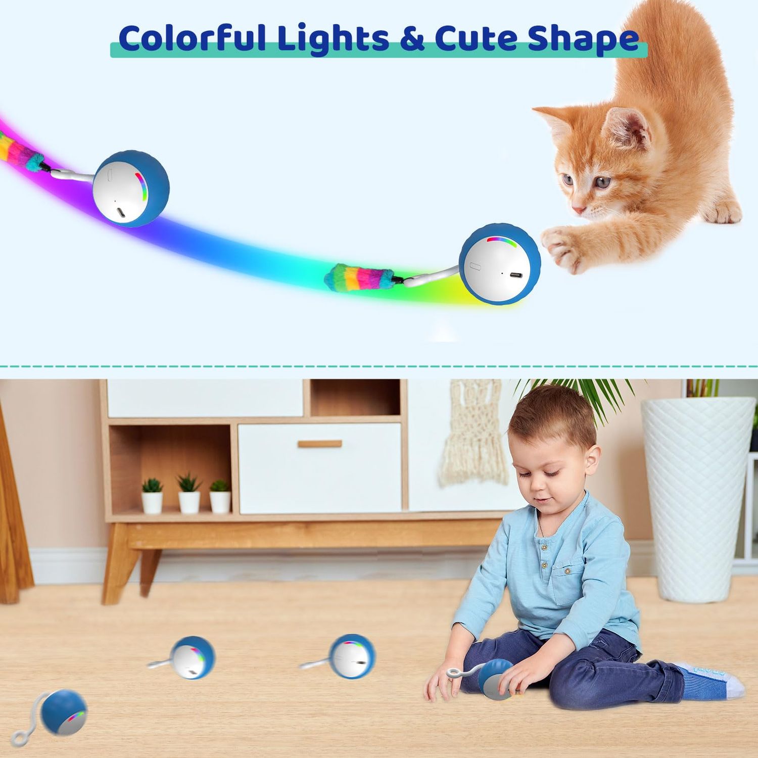 WAKHJAKT Interactive Cat Toys for Indoor Cats, DIY 5 in 1 Automatic Moving Cat Ball Toys/Puppies Toys with LED Rainbow Lights, Smart Sounds&Touch Control Cat Toys,USB Rechargeable (Blue)