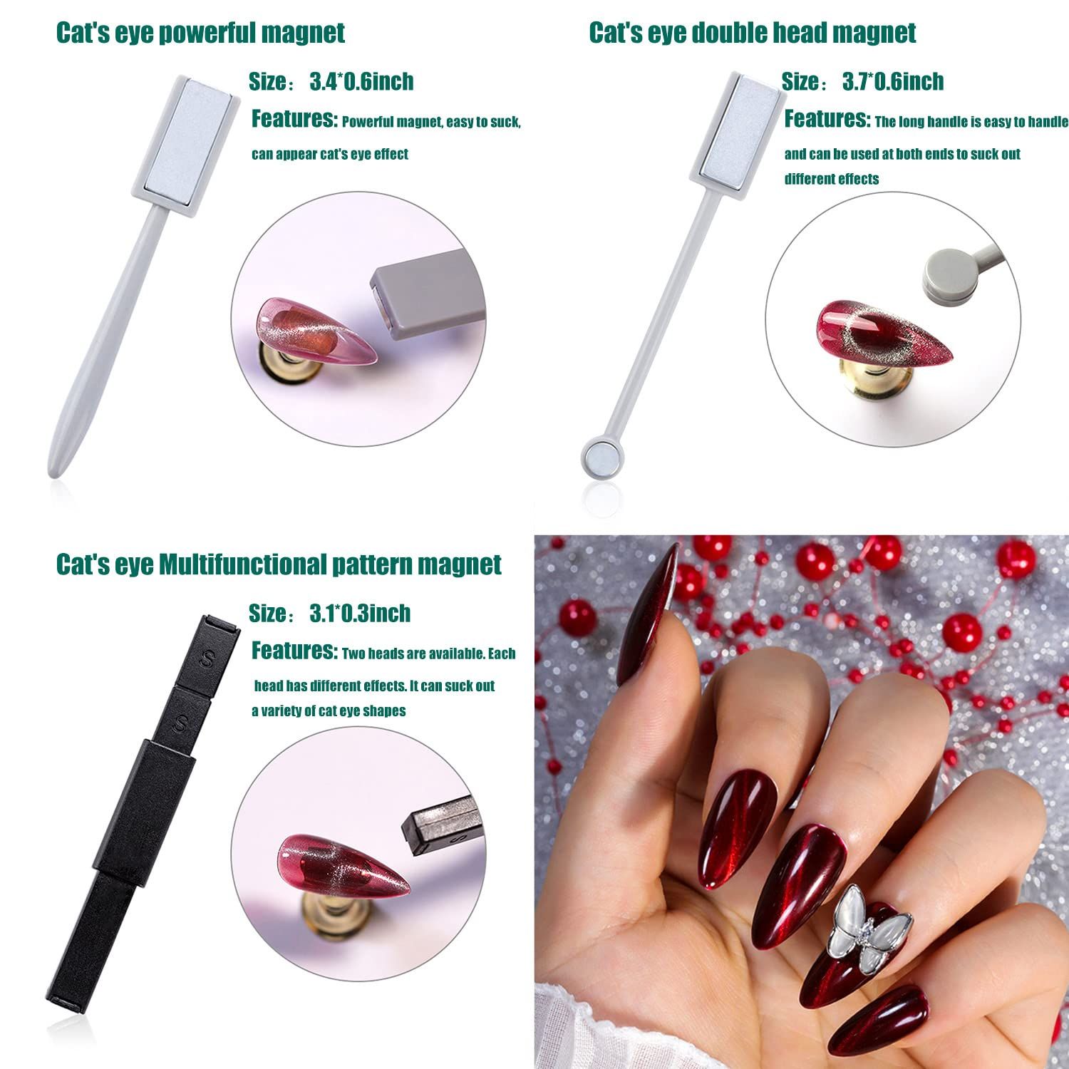 JERCLITY 7 Pieces Cat Eye Magnet for Nails Double-Head Nail Magnetic Stick Multi-Function Magnet Board Square Thickened Cat Eye Strong Magnet Plate Nail Magnet Tool Set for Cat Eye Gel Polish Nail Art