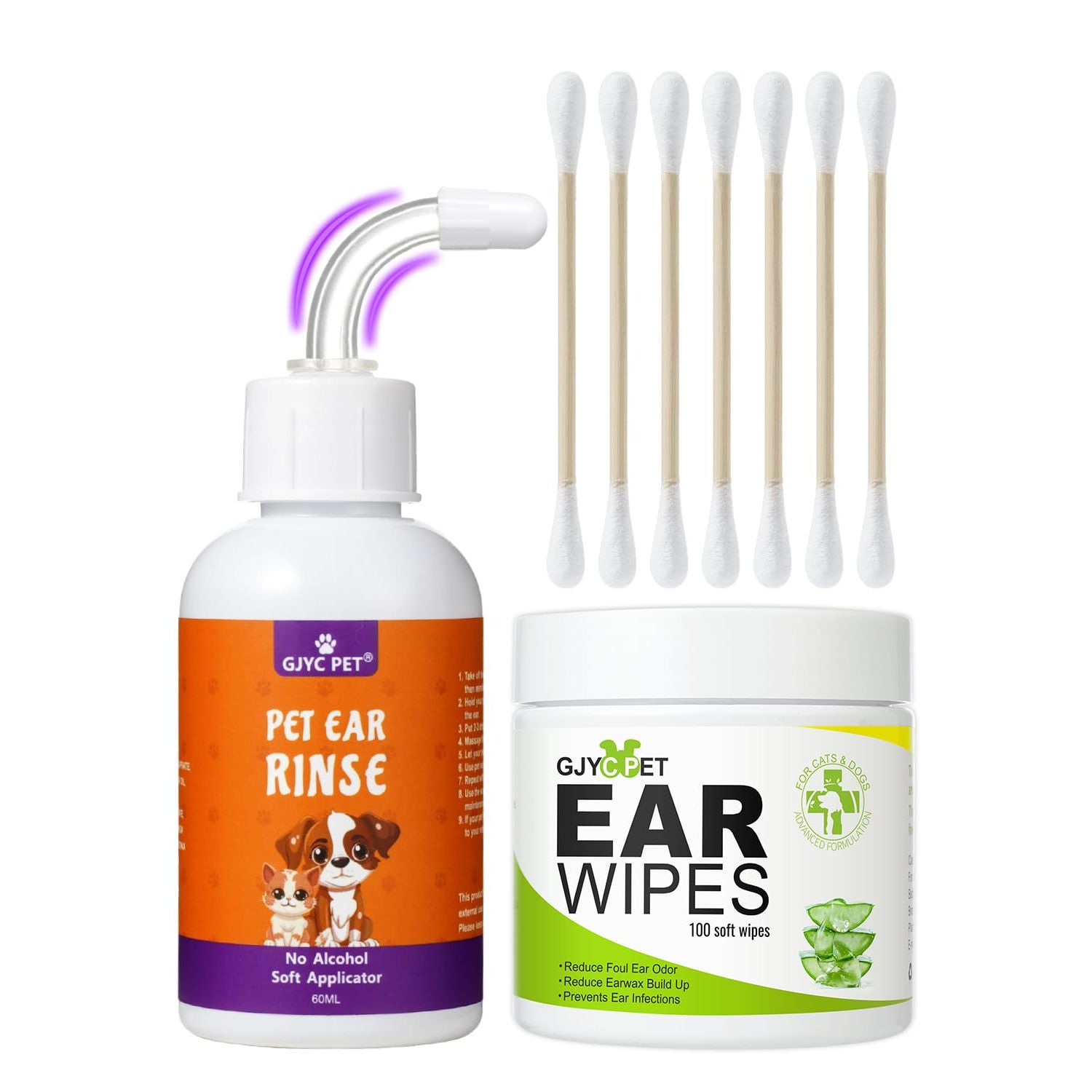 GJYC PET Dog Ear Cleaner-Ear Rinse & 100pcs Dog Ear Wipes & 30 Cotton Swabs Dog Ear Inflammation Therapy for Itch Relief, Soothe Ear Inflammation, Removes Wax, Odor
