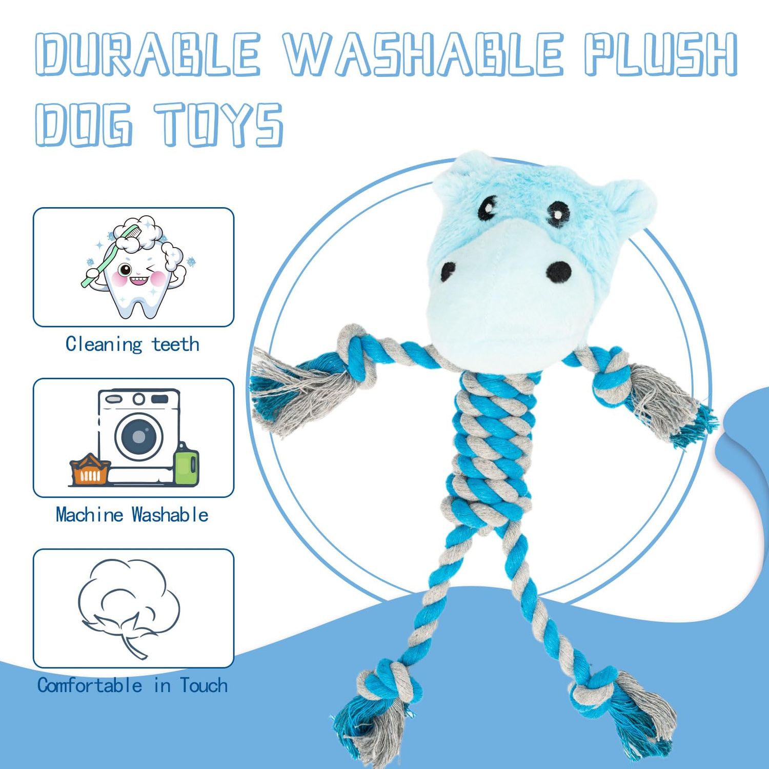 JMZDS&JL Dog Toys, Tough Dog Toys for Puppies and Small-Medium Dogs, Tug of War Dog Toy, Plush Stuffed Animals for Dogs, Rope Dog Toys for Teething and Chewing Fun.(Hippo)