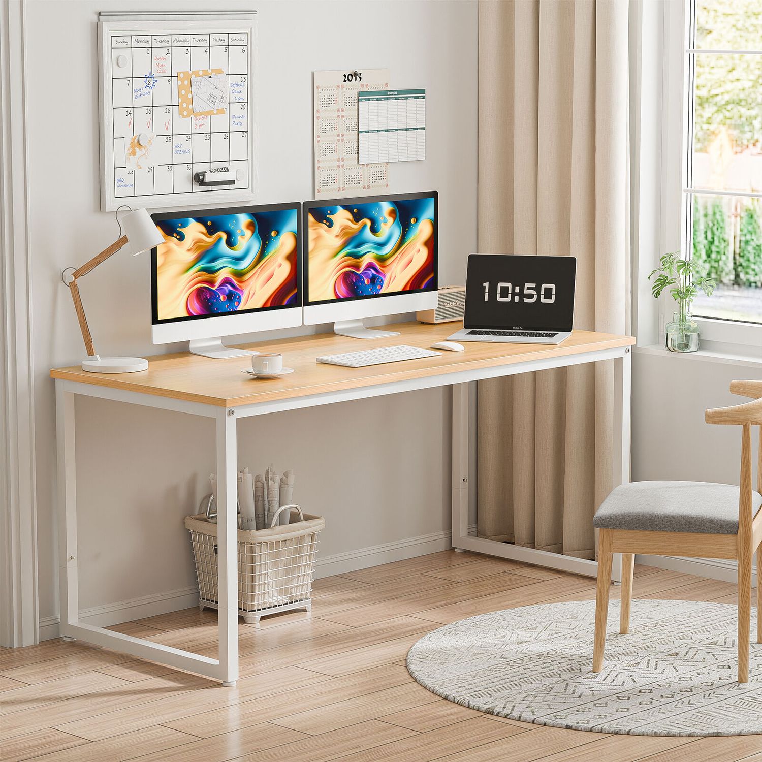 55" Modern Computer Desk Study Workstation Home Office Desk for Bedroom Natural