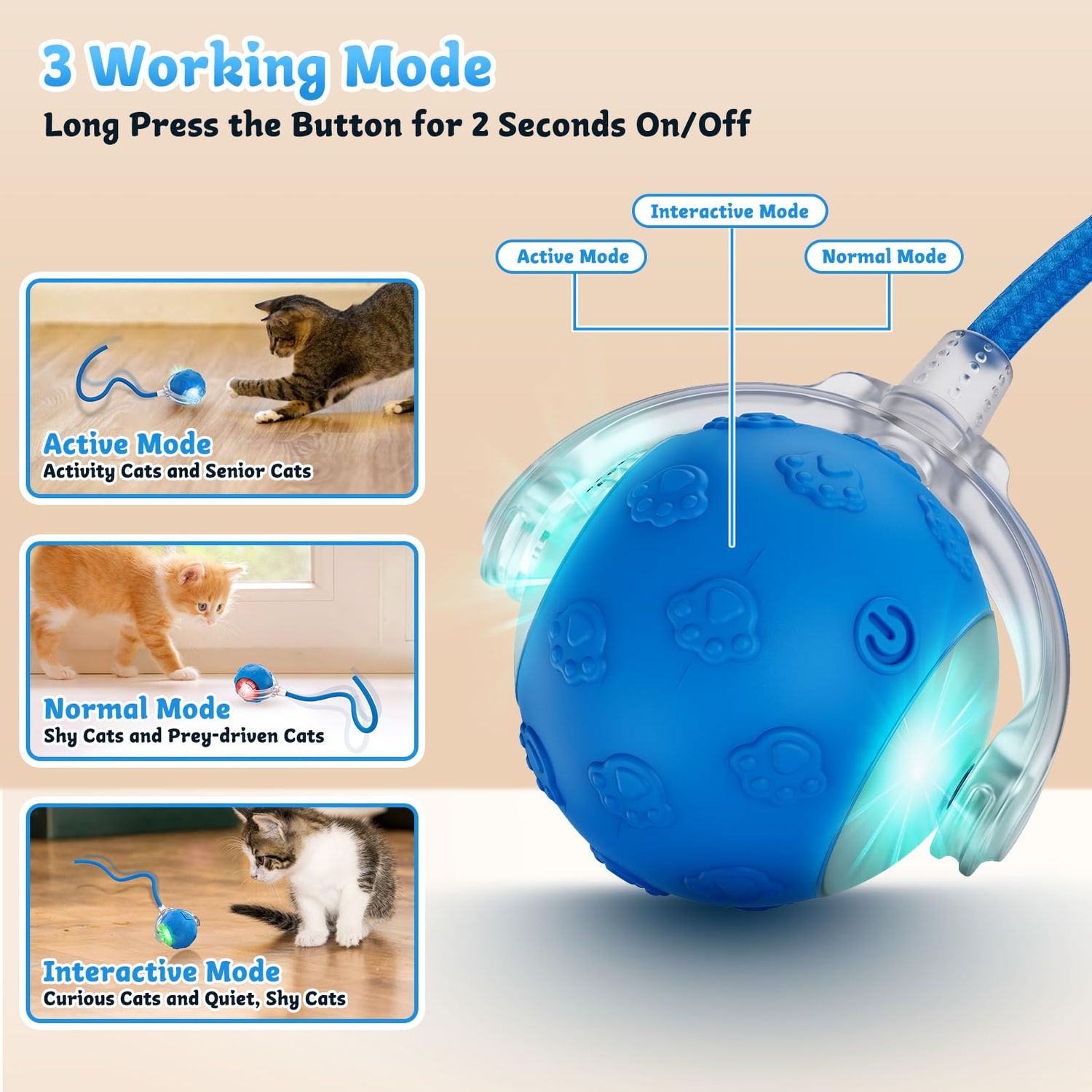 Huimpet Interactive Cat Toys for Indoor Cats, 2025 New Upgraded Moving Cat Ball with Chirping Sound, Rechargeable Fast Rolling Ball, Fun Automatic Cat Toys for Bored Adult Cats Exercise, Kitten, Blue