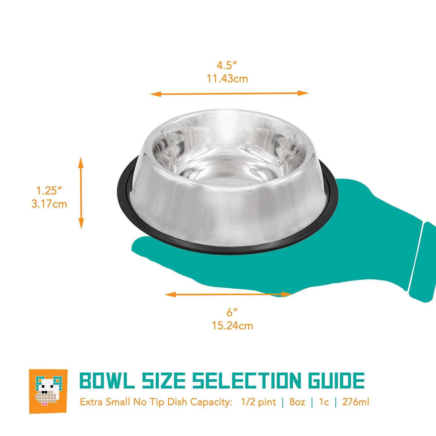 Fuzzy Puppy Pet Products Non-Tip Dog Bowl with Removable Rubber Ring, Won't Slip, Skid or Tip, Stainless Steel, Silver Metallic, 8oz (NOTD-8)