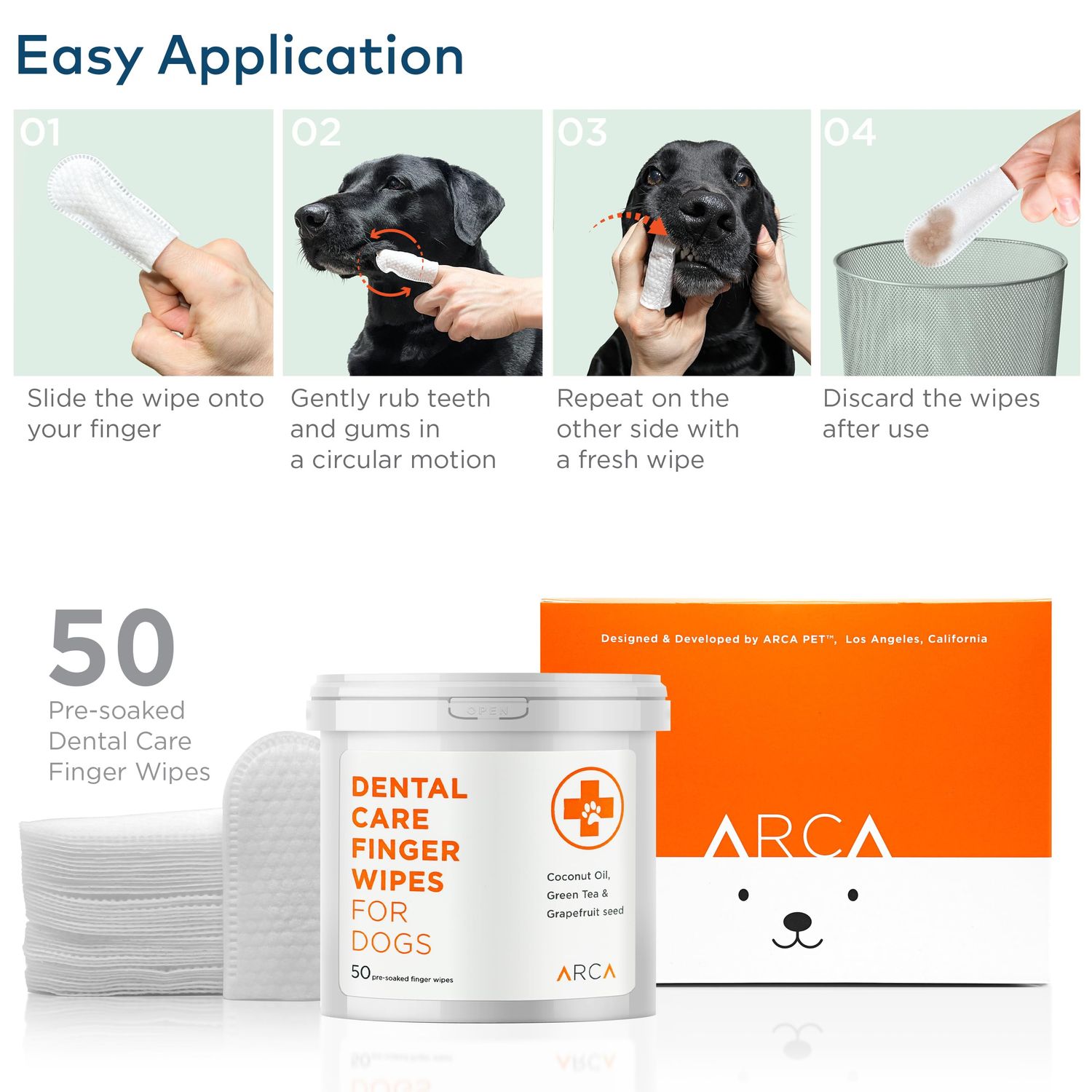 ARCA PET Dental Finger Wipes for Dogs - 50 Wipes - Vet Formulated Dog Dental Teeth Cleaning Wipes for Dogs - Pre-Soaked Oral Cleaning Pads - Reduces Plaque, Tartar & Dog Breath Freshener
