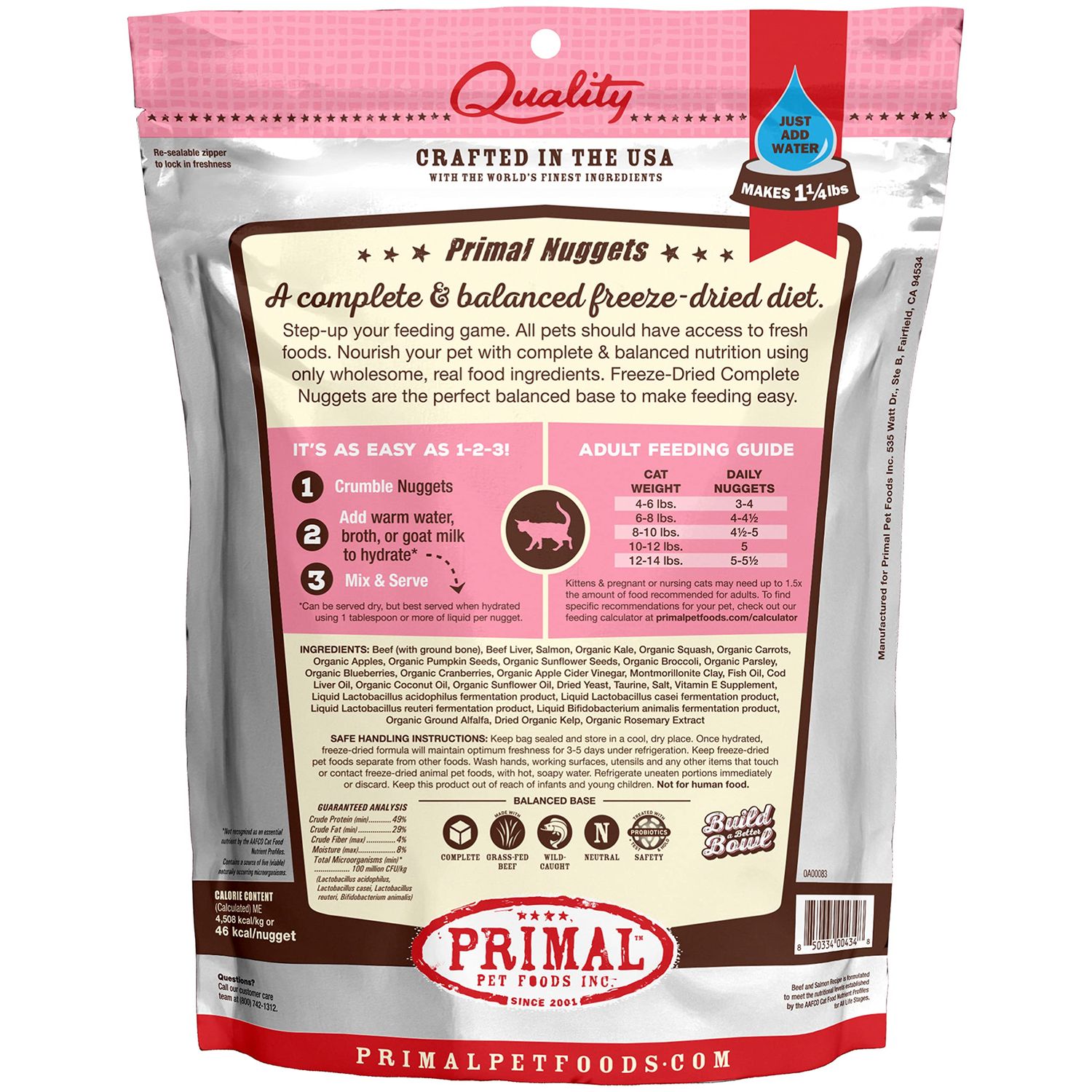 Primal Freeze Dried Cat Food Nuggets Beef & Salmon; Complete & Balanced Meal or Topper; Premium, Healthy, Grain Free, High Protein Raw Cat Food with Probiotics (5.5 oz)