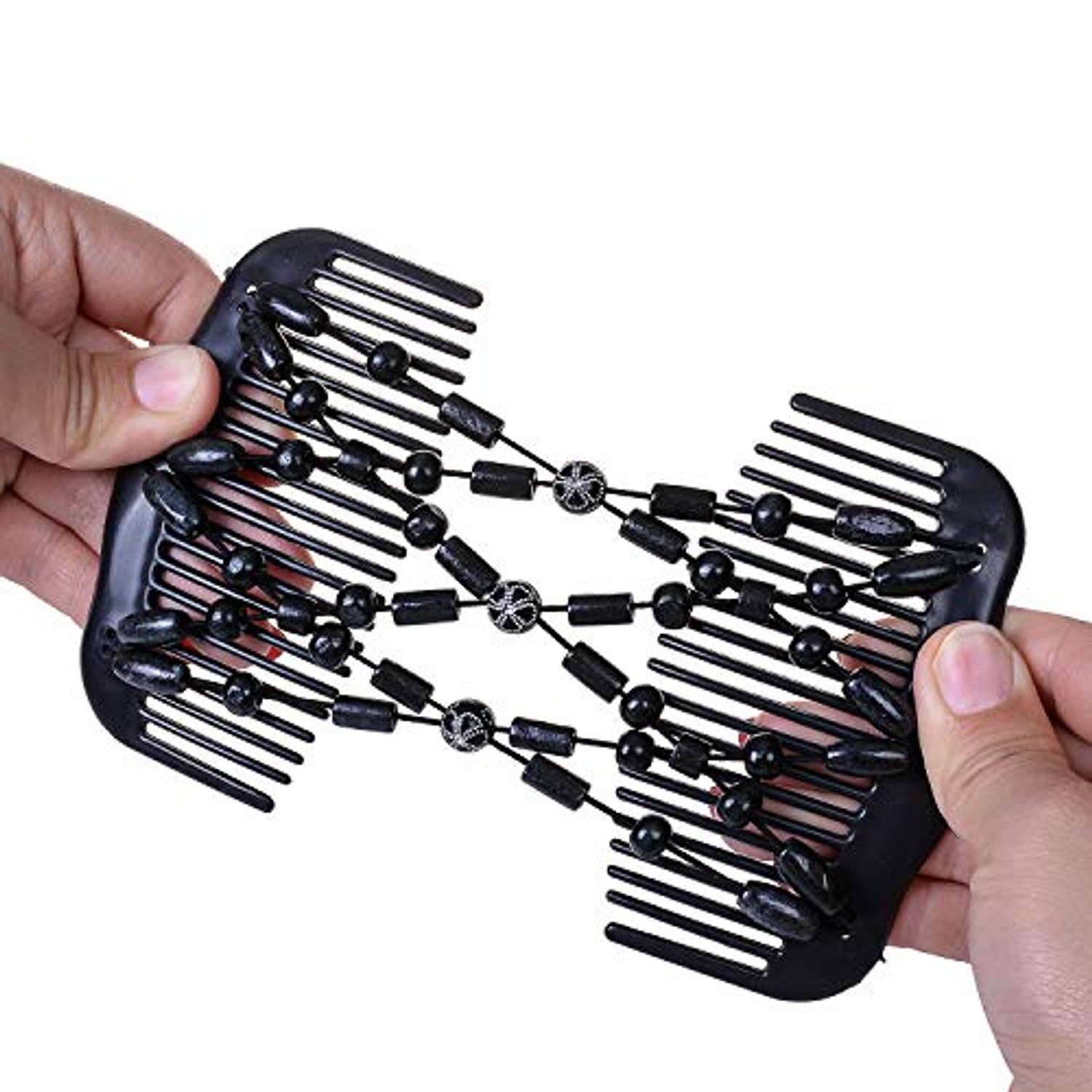 LOVEF Women Magic Hair Combs Wood Beaded Stretch Double Side Combs Clips Bun Maker Hair Accessories (Bead Back)
