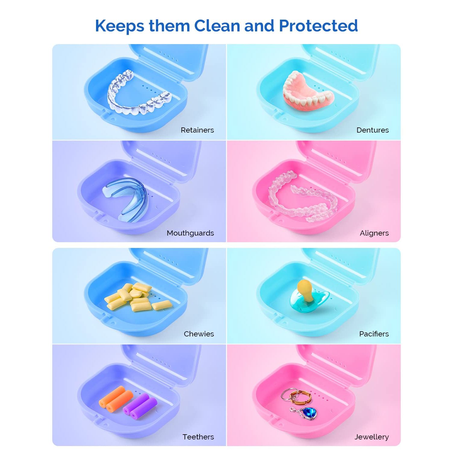 JMU Retainer Case with Vent Holes, 4 Pack, Mouth Guard Case with Tight Snap Closure, Orthodontic Denture Storage Container for Invisalign, Aligners, Night Guards, Retainer Box Dishwasher Safe