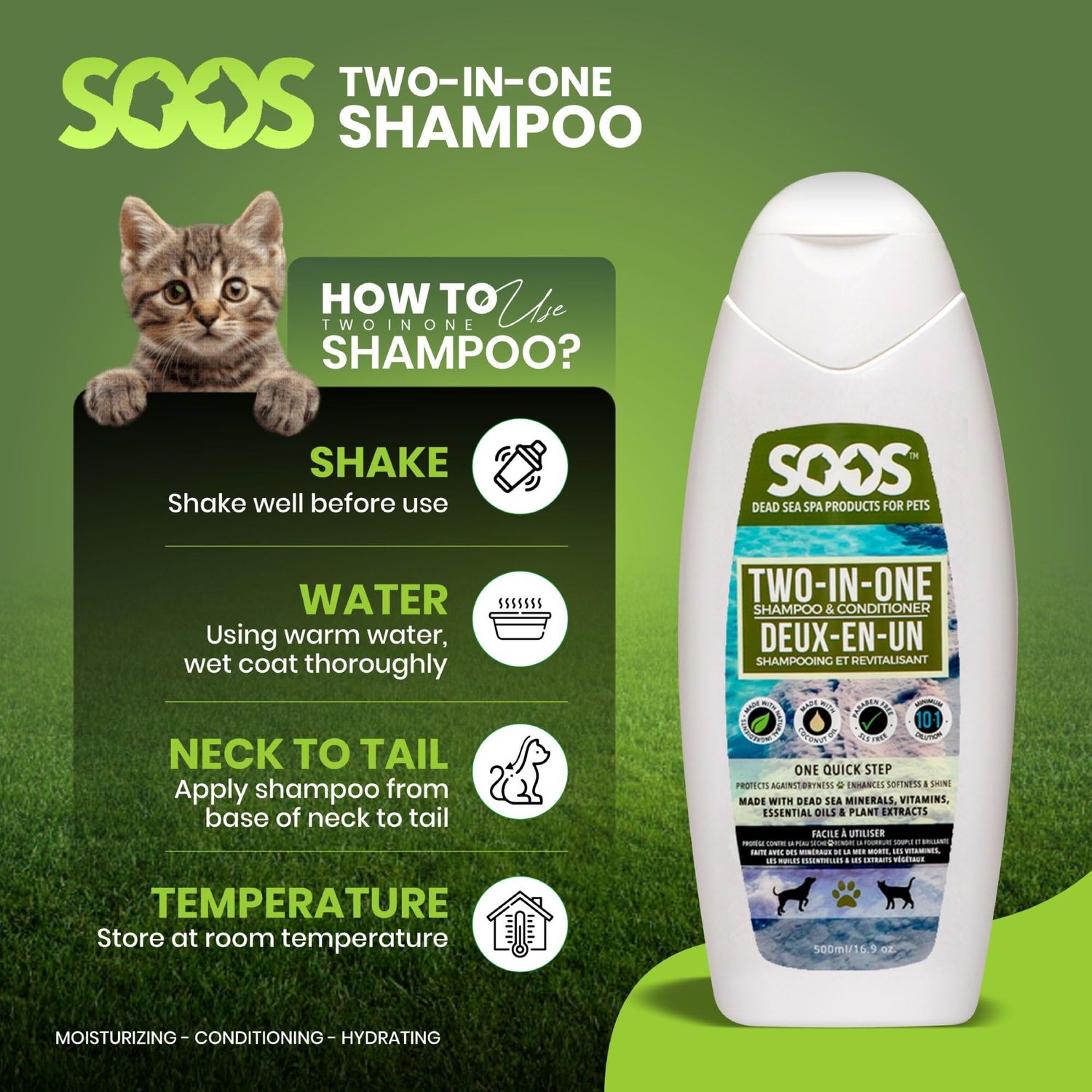 Soos Pet Dog Shampoo and Conditioner for Cats and Pets Natural Dead Sea Minerals Two-in-One Deeply Absorbing with Essential Oils Natural Ingredients Vitamins Antifun-gle - 1x Pack (500ml)