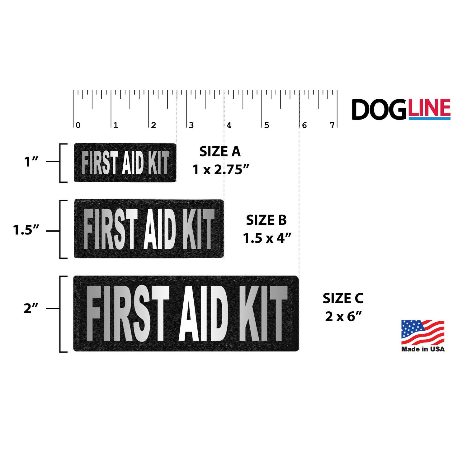 Dogline First Aid Kit Vest Patches – Removable First Aid Kit Patch 2-Pack with Reflective Printed Letters for Support Dog Vest Harness Collar or Leash Size C (2" x 6")