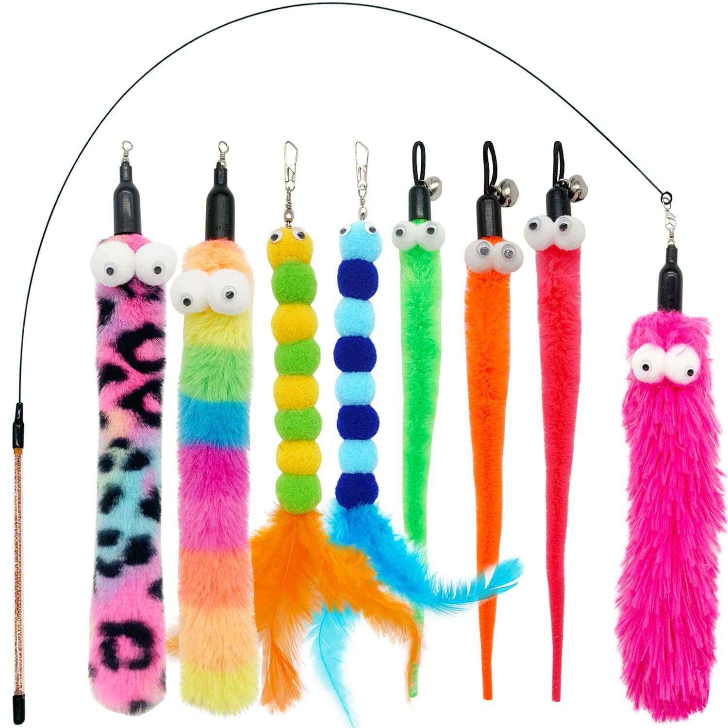 CATENESS Cat Wand Feather Toys, 1 PCS Elasticity Cat Toy Wand and 8 PCS Worms Refills, Interactive Teaser Wand Toy for Indoor Cats Play Exercise