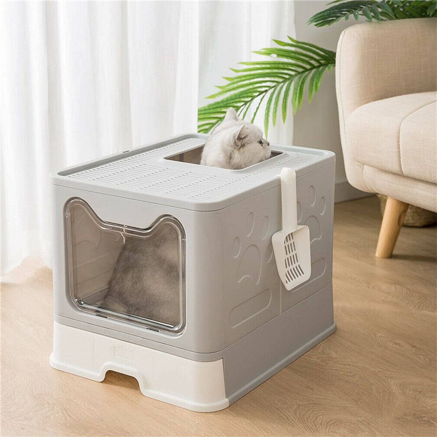 Foldable Cat Litter Box w/ Scoop & Drawer Tray Large Space Cat Litter Enclosure