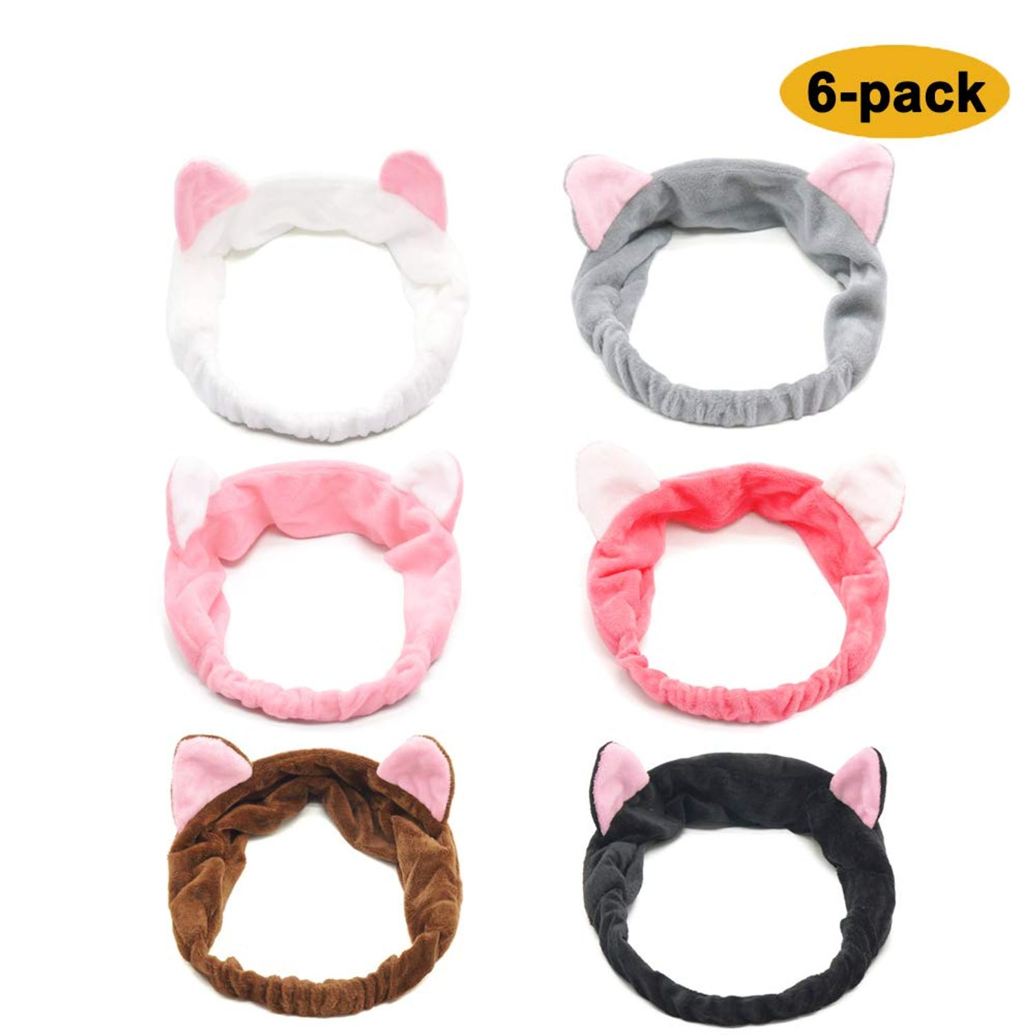 6-PACK Cat Ears Headbands, Elastic Women's Cute Hair Band, Wash Face Spa Headband - Washable Facial Band Makeup Wrap Headbands Fits All Head Sizes
