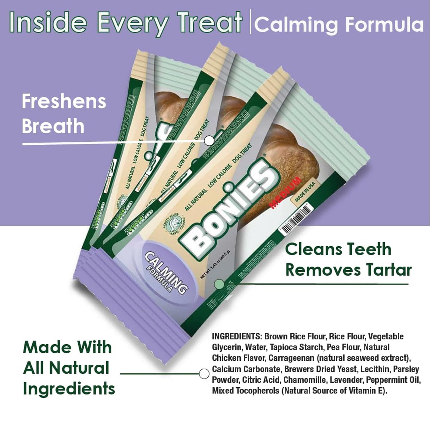 BONIES Natural Calming Formula Medium-Sized Single Bone for Dogs 25-50 LBS - Natural Dog Treats - Healthy Teeth & Fresh Breath - Low Calories - Chicken Flavor - 1 Bone