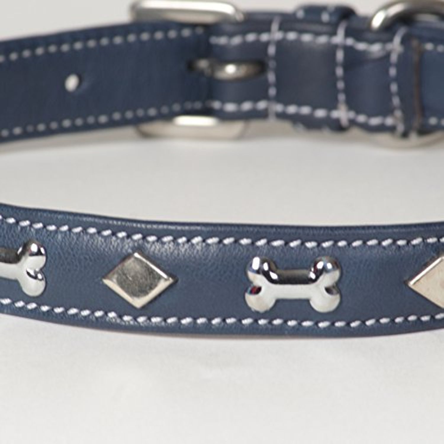 Medium Soft Blue Napa Leather Padded Decorated Azzurro Dog Collar - Fits 14" - 18" Neck Size