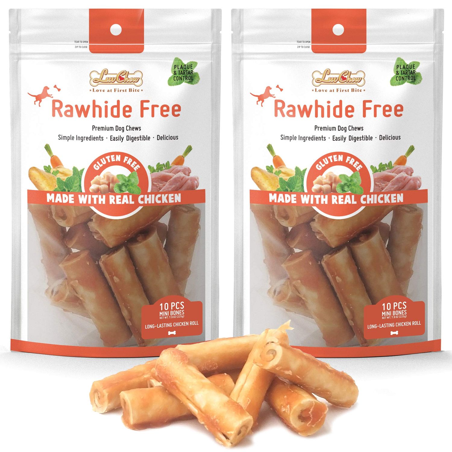 LuvChew Gluten Free Rawhide Free Dog Chew Chicken Rolls Mini 2.5" for Small Dogs 10 pcs/Pack (Mini 2.5" 10pcs/Pack x2 Packs)