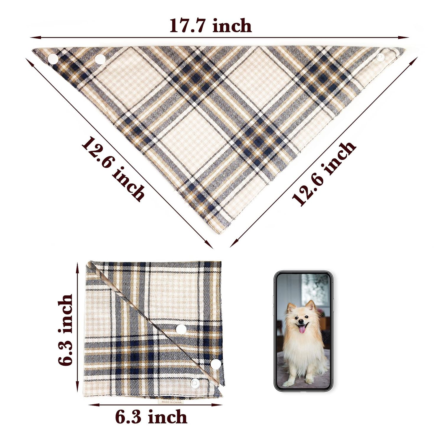5PCS Dog Bandanas with Button - Thick Triangle Bibs Dual Layer Soft Cotton Scarves for Small Medium Boy Girl Puppy Cat Pet Baby Square Plaid Printing Washable Kerchief Halloween Costumes Outfits