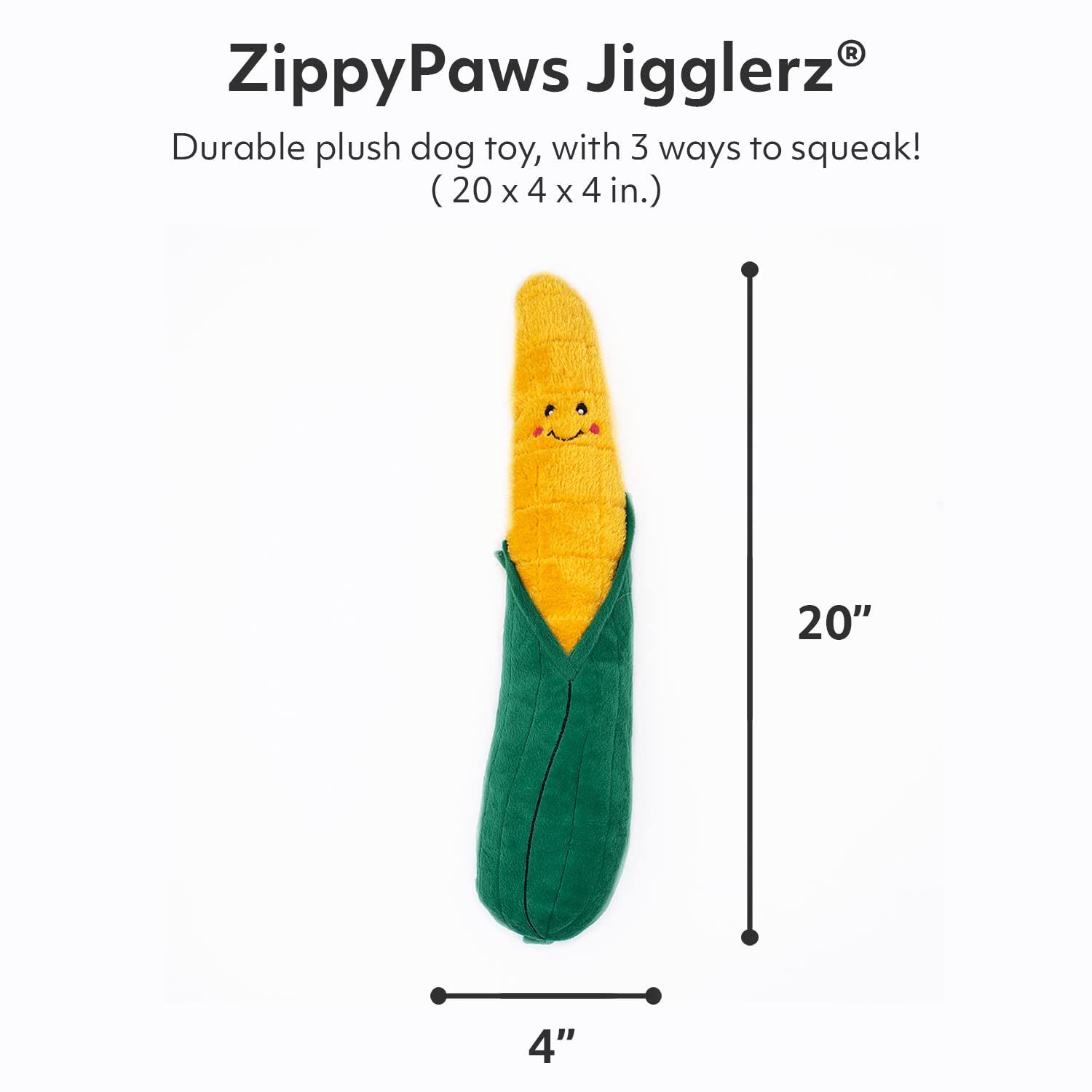 ZippyPaws Jigglerz Plush Dog Toy with Squeaker, Stuffed Toy for Tough Play, Corn
