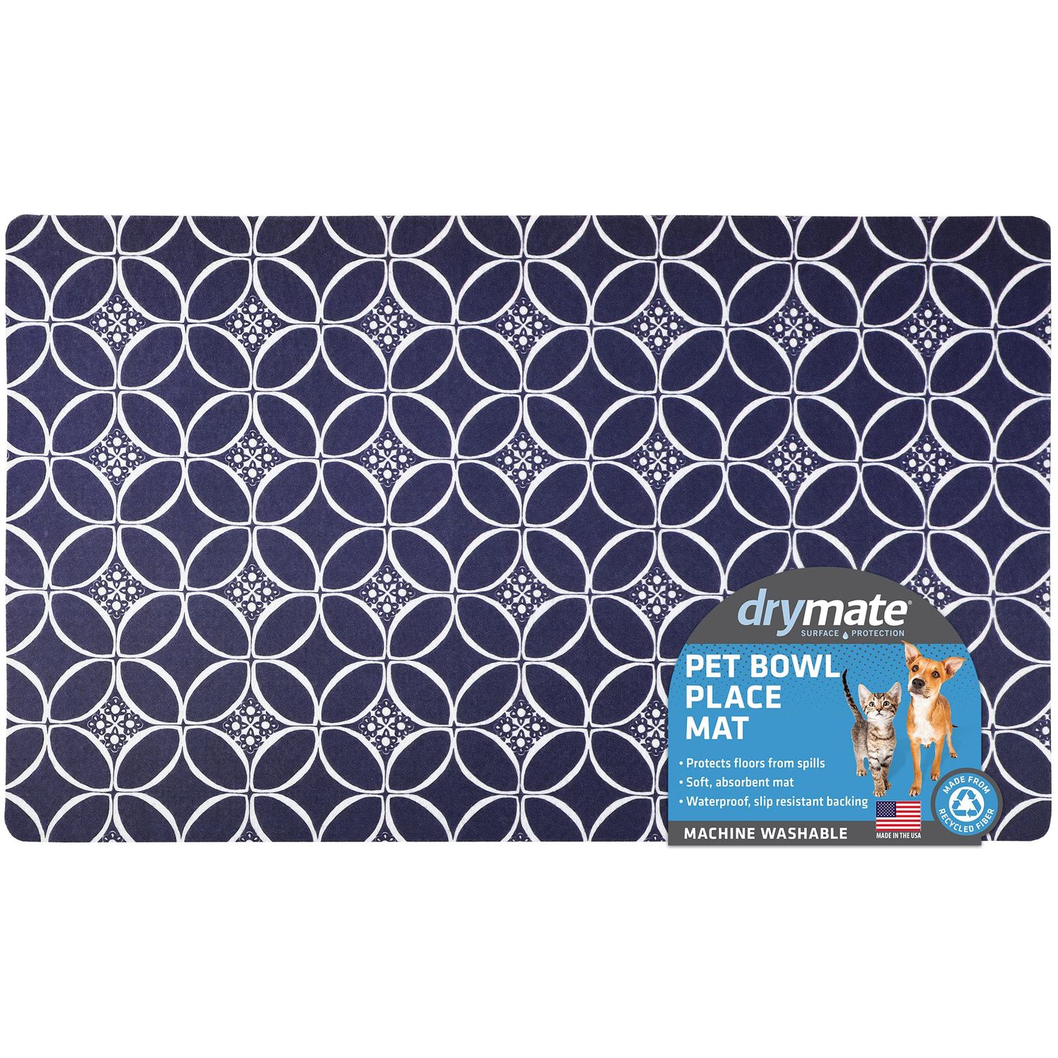 Drymate Pet Bowl Placemat, Dog & Cat Food Feeding Mat - Absorbent Fabric, Waterproof Backing, Slip-Resistant - Machine Washable/Durable (USA Made) (12” x 20”) (Indigo)