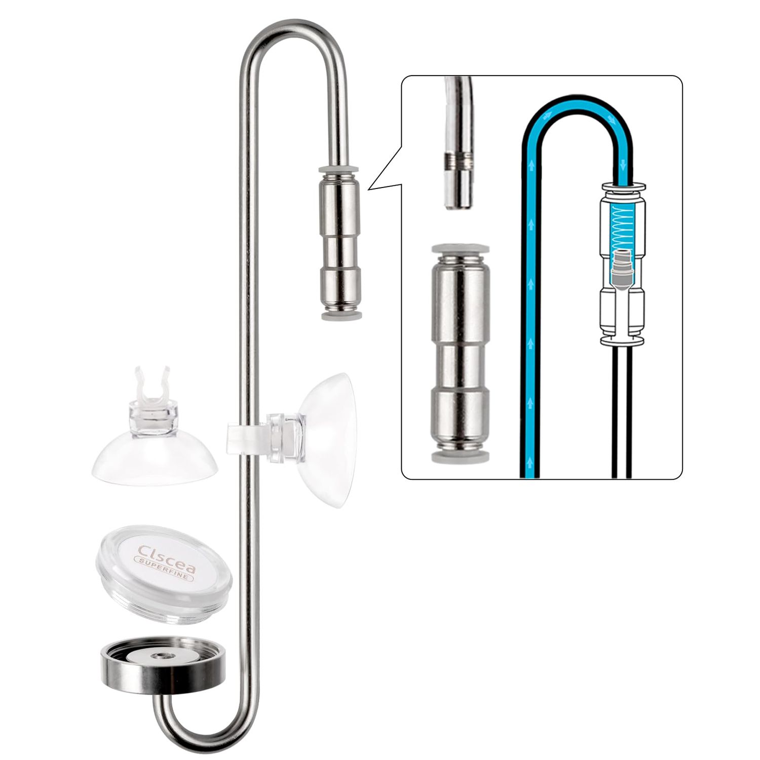 Clscea Aquarium Stainless Steel CO2 Diffuser Atomizer with Integrated Check Valve for Rimless Tanks 40cm