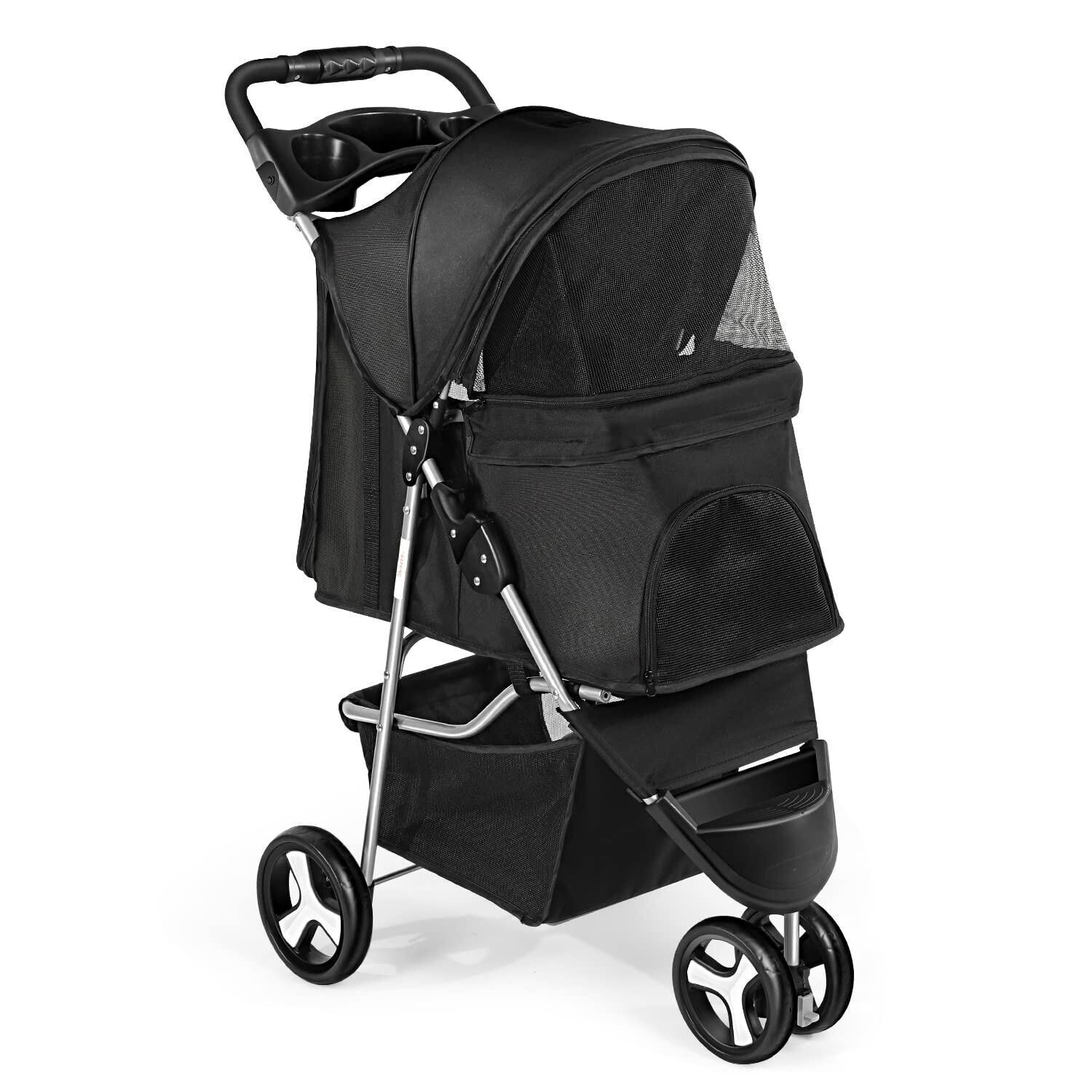 Pet Stroller 3 Wheels Multifunction Dog Cat Stroller w/Storage Basket&Cup Holder