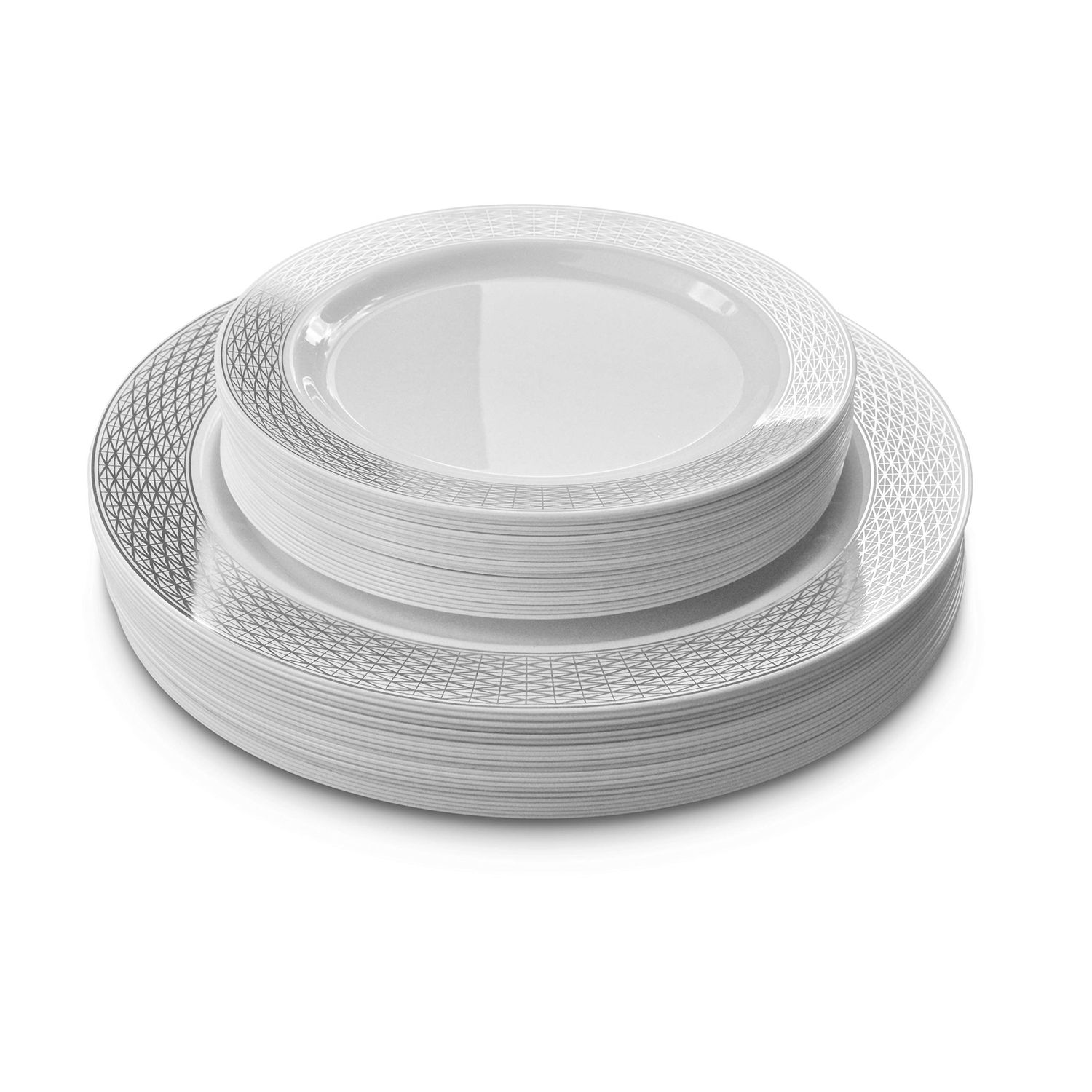 " OCCASIONS " 300 Pcs Set & 60 GuestWedding Disposable Plastic Plate & Silverware Combo Set (Diamond White & Silver plates, Silver Silverware)