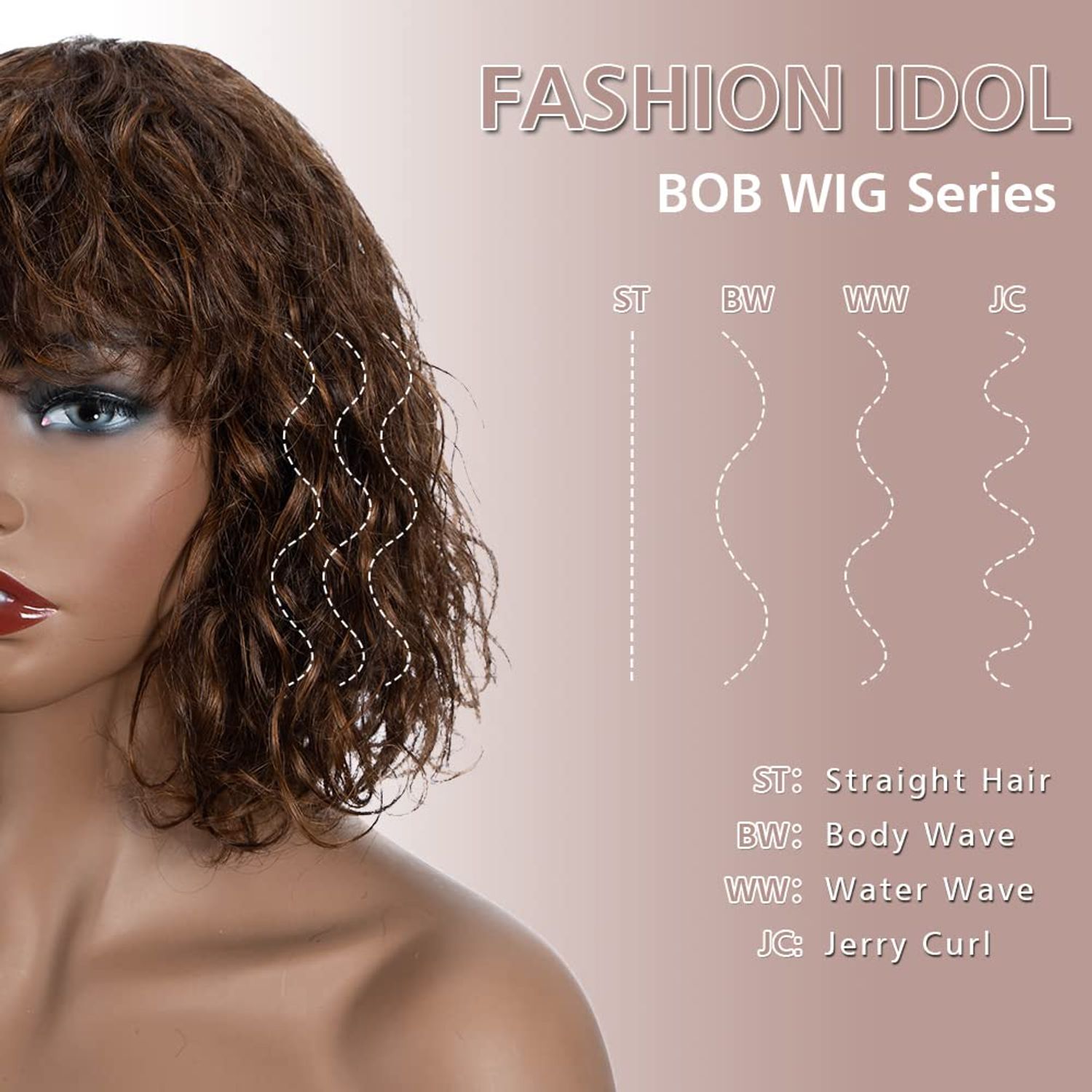 FASHION IDOL Bob Curly Human Hair Wig with Bangs for Black Women 10" Deep Wave Brazilian Virgin Human Hair Short Brown Water Wave Wig 150% Density