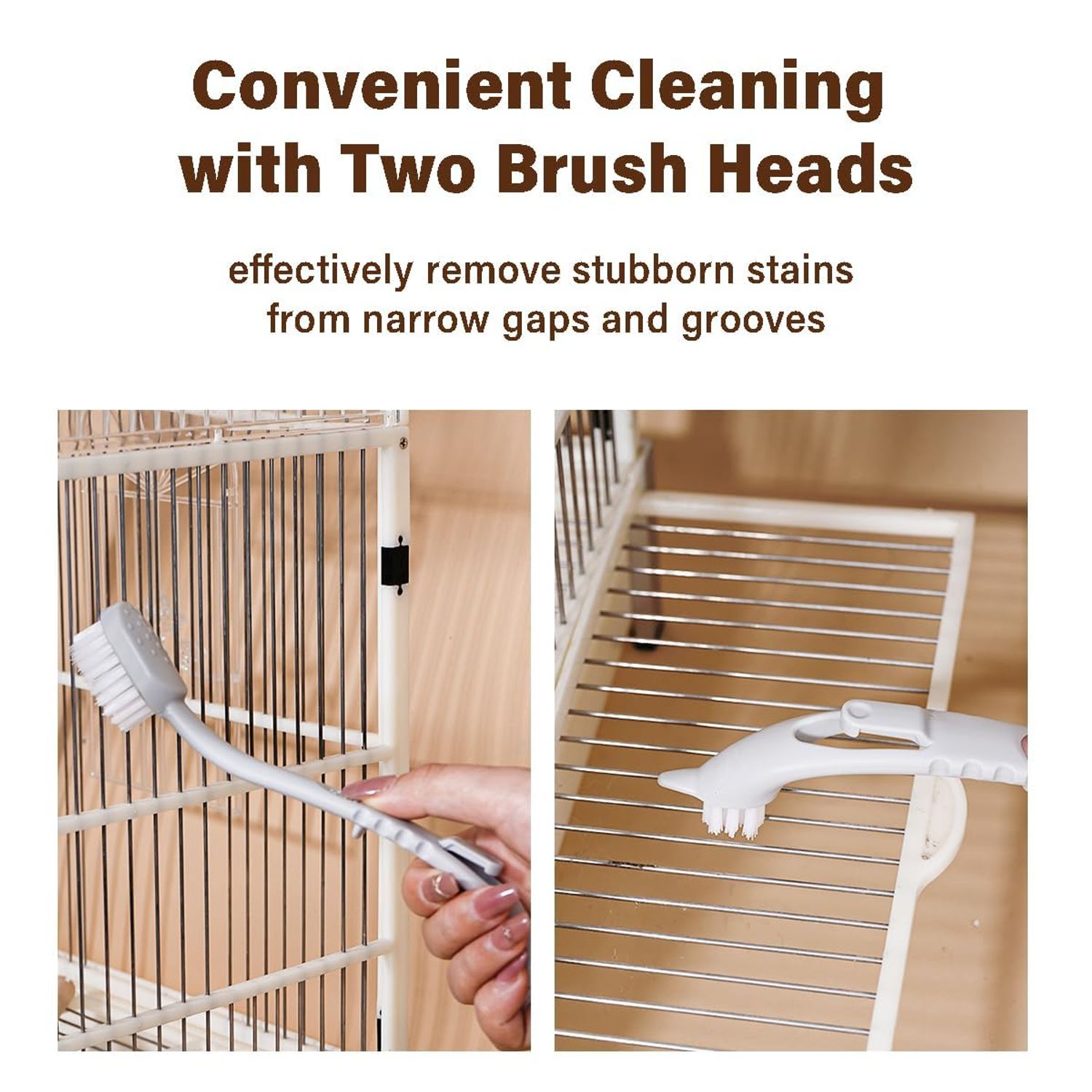 MANON ROSA Bird Cage Cleaner with Two Brush Heads Long Handle Tool for Cleaning Bird Parrot Cages Kennels Perches