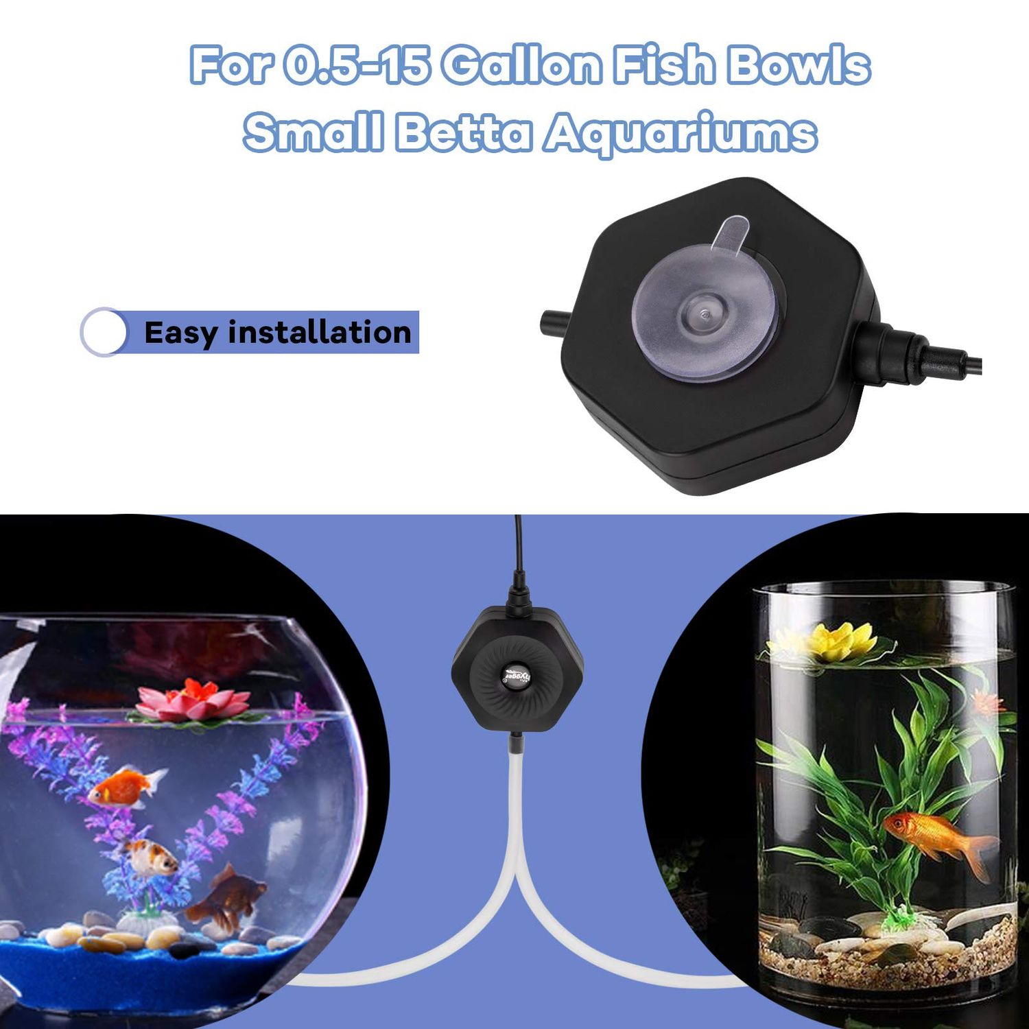 hygger Quiet Mini Small Aquarium Air Pump Betta Fish Tank Bubbler Oxygen Aeration Pump with Air Stone Tubing Suction Cup for 0.5-15 Gal Fish Bowl