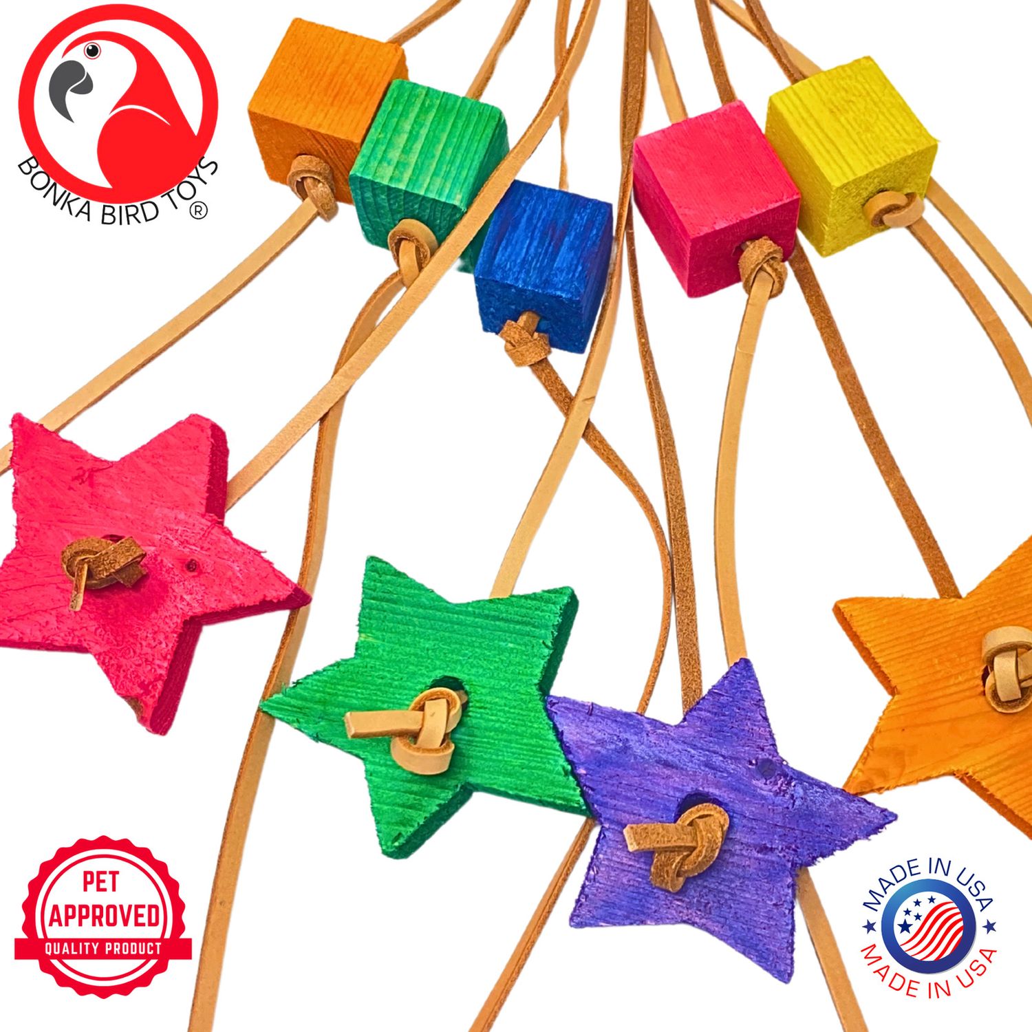 Bonka Bird Toys 1707 Shooting Star Large Wood Leather Chew Parrot Cage Toy Pet