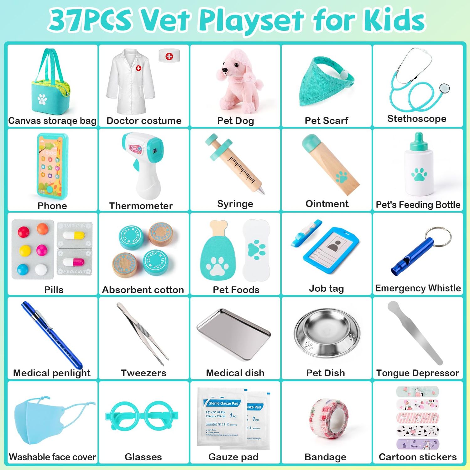 Doctor Kit for Toddlers 3-5 with Dog Toy 37 PCS Veterinarian Playset for Kids Doctors Play Set Pretend Play Doctor Set Vet Kit for Kids Medical Kit with Real Stethoscope Doctor Toys for Girls Age 3+