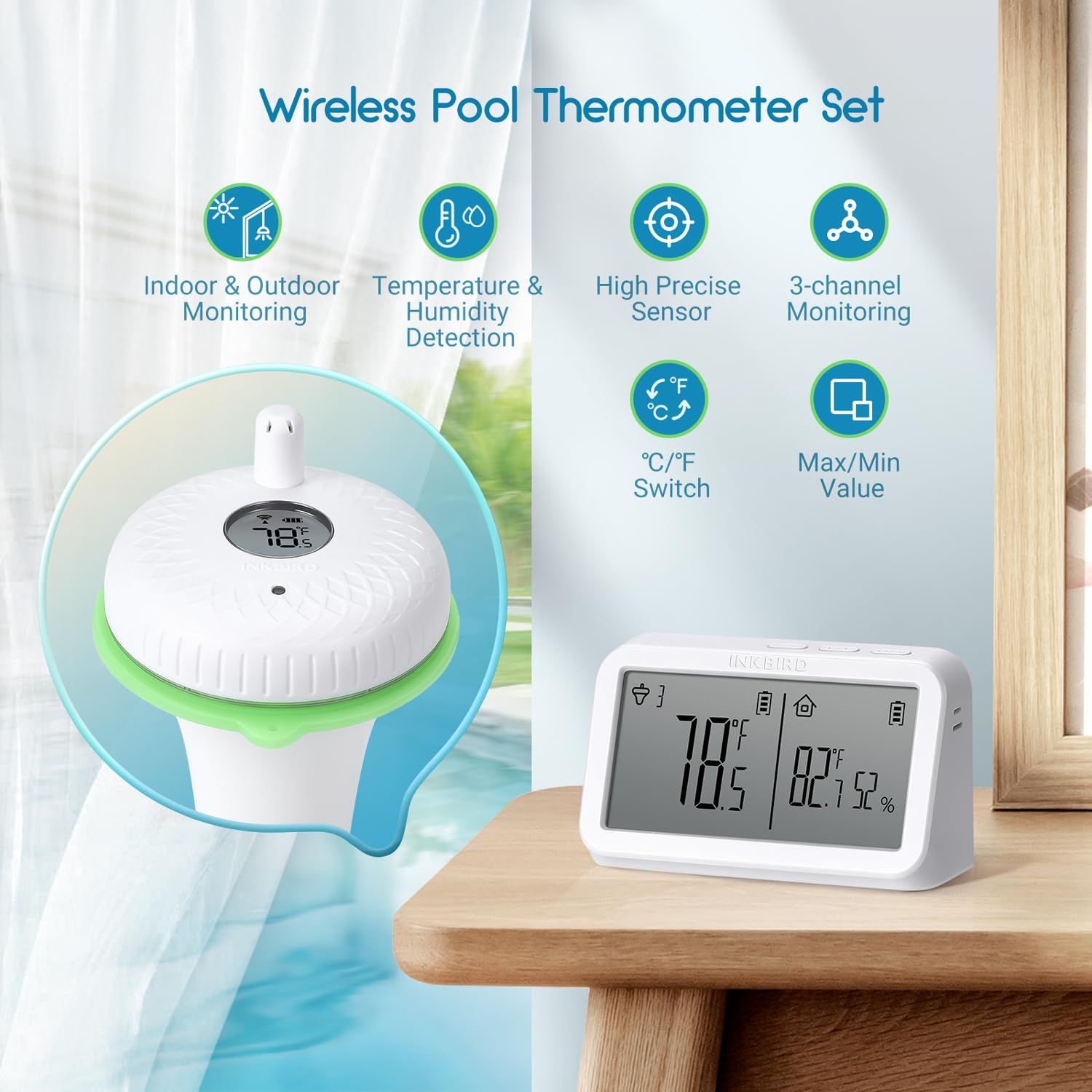 INKBIRD IBS-P02R Floating Wireless Thermometer Set with Indoor Temperature Humidity Monitor, IPX7 Waterproof, for Swimming Pools, Hot Tubs, Small Ponds, Aquariums