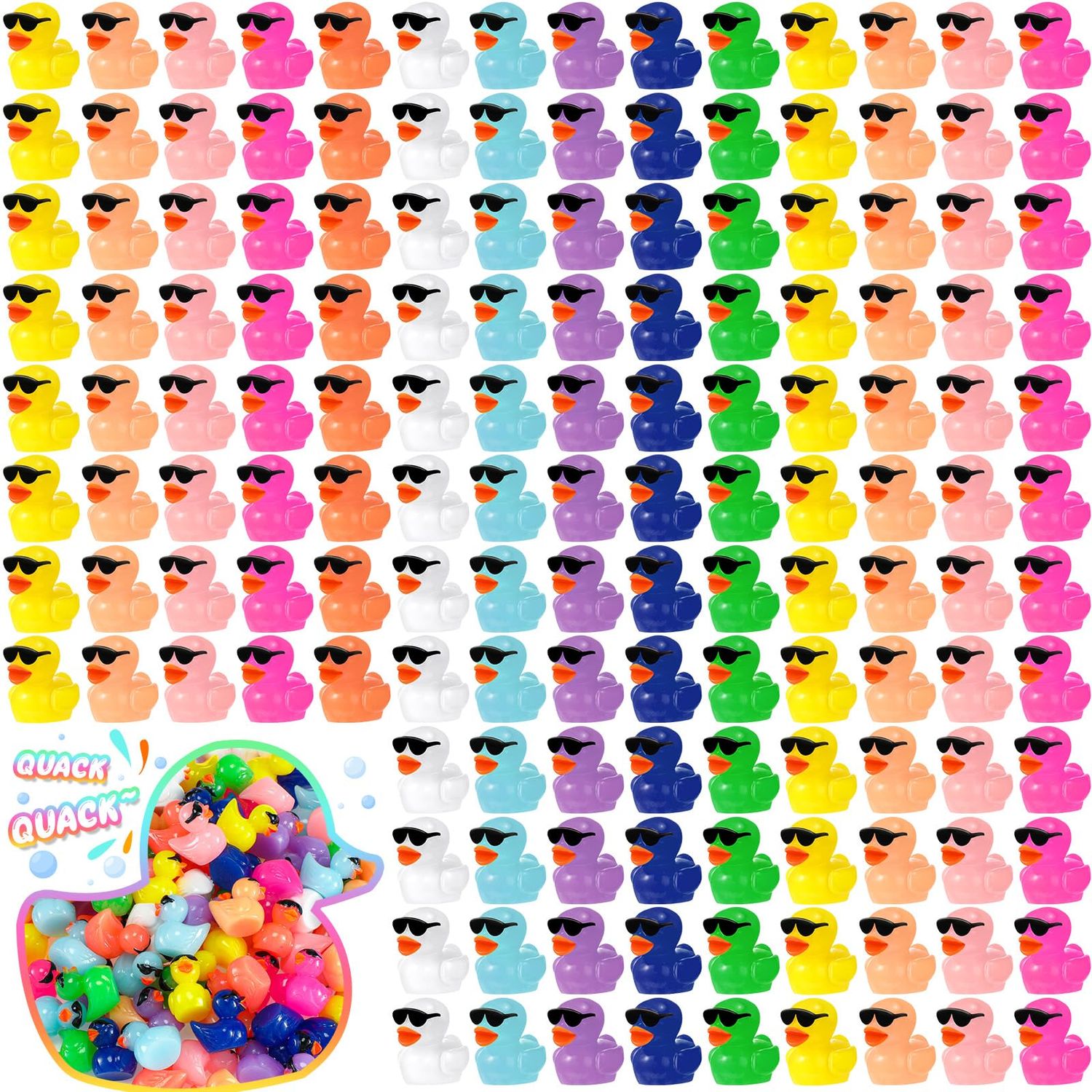 Qunclay Mini Resin Duck with Sunglasses Tiny Ducks Bulk Tiny Colorful Duck Figures Miniature Dollhouse Accessories DIY Craft Toys for Birthday Gift Micro Fairy Landscape Aquarium Potted (150 Pcs)