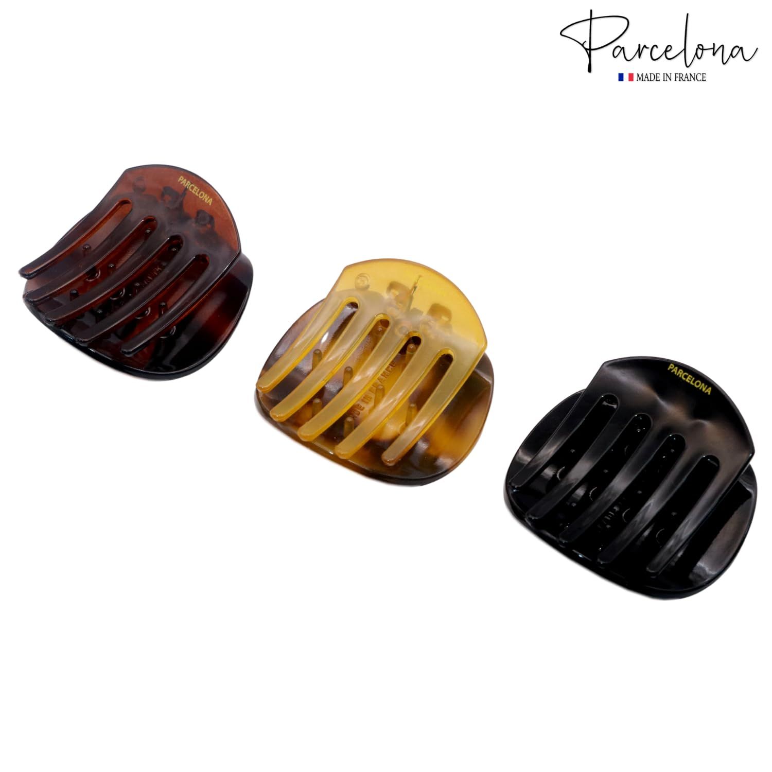 Parcelona French Onde Tortoise Shell Black and Savana Small 2” Celluloid Set of 3 Round Side Slide In Secure Grip Hair Claw for Women and Girls