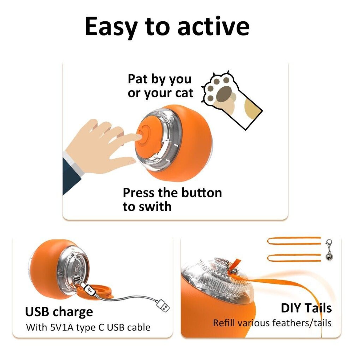Smart Cat Toys Balls USB Rechargeable 3 Working Modes Automatic Interactive Ball