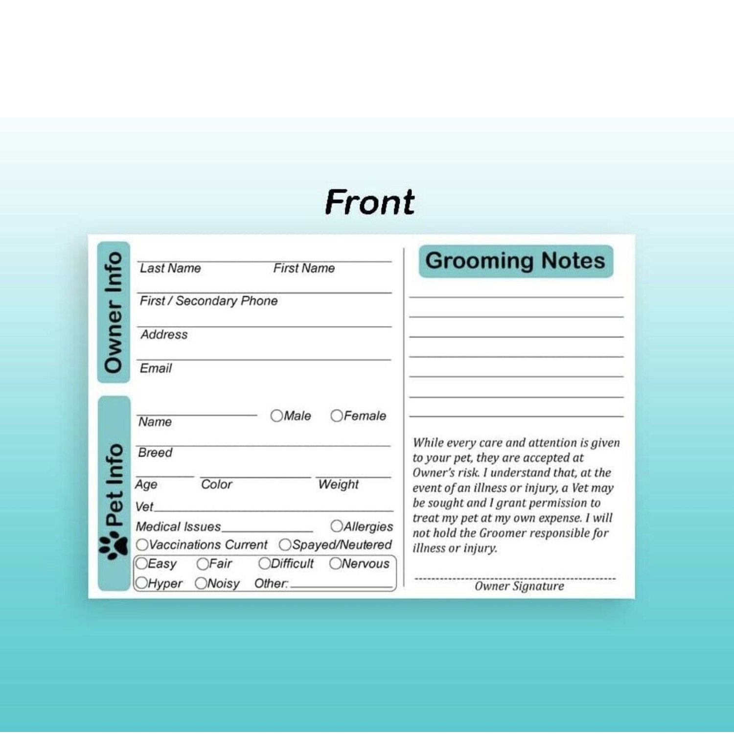 Dog Grooming Customer Profile Info Index Clip Cards Cat Pet Groomer 4x6 50 Ct