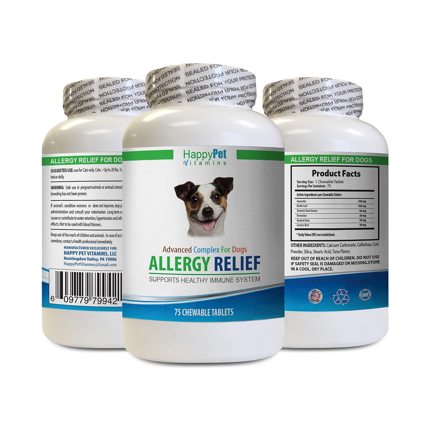 HAPPY PET VITAMINS LLC Dog Itch Control - Dog Allergy Relief - Immune Booster - Itch Relief - Skin Soother - Treats - quercetin for Dogs Organic - 1 Bottle (75 Chewable Tabs)