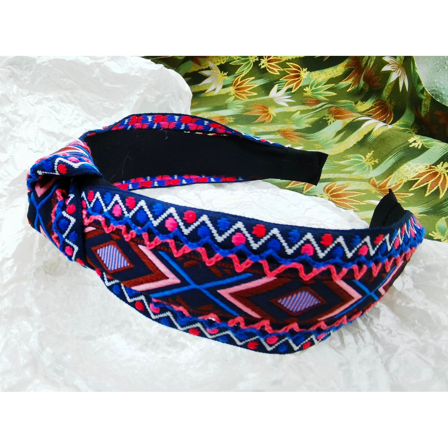 OUTVIE Boho Ethnic Wind Knotted Headbands Handmade Embroidered Blue Headbands Non-slip Elastic Vacation Headband for Women