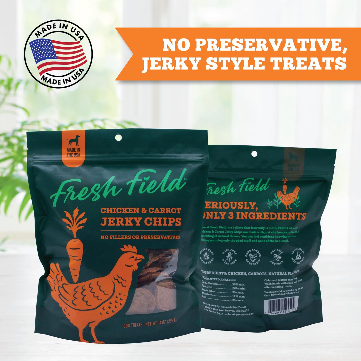Fresh Field Chicken & Carrot Jerky Chips, 14 oz – All-Natural Dog Treats, USA Made, Supports Digestive & Immune Health