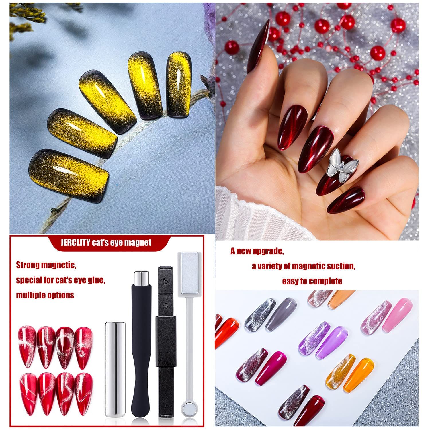 JERCLITY 7 Pieces Cat Eye Magnet for Nails Double-Head Nail Magnetic Stick Multi-Function Magnet Board Square Thickened Cat Eye Strong Magnet Plate Nail Magnet Tool Set for Cat Eye Gel Polish Nail Art