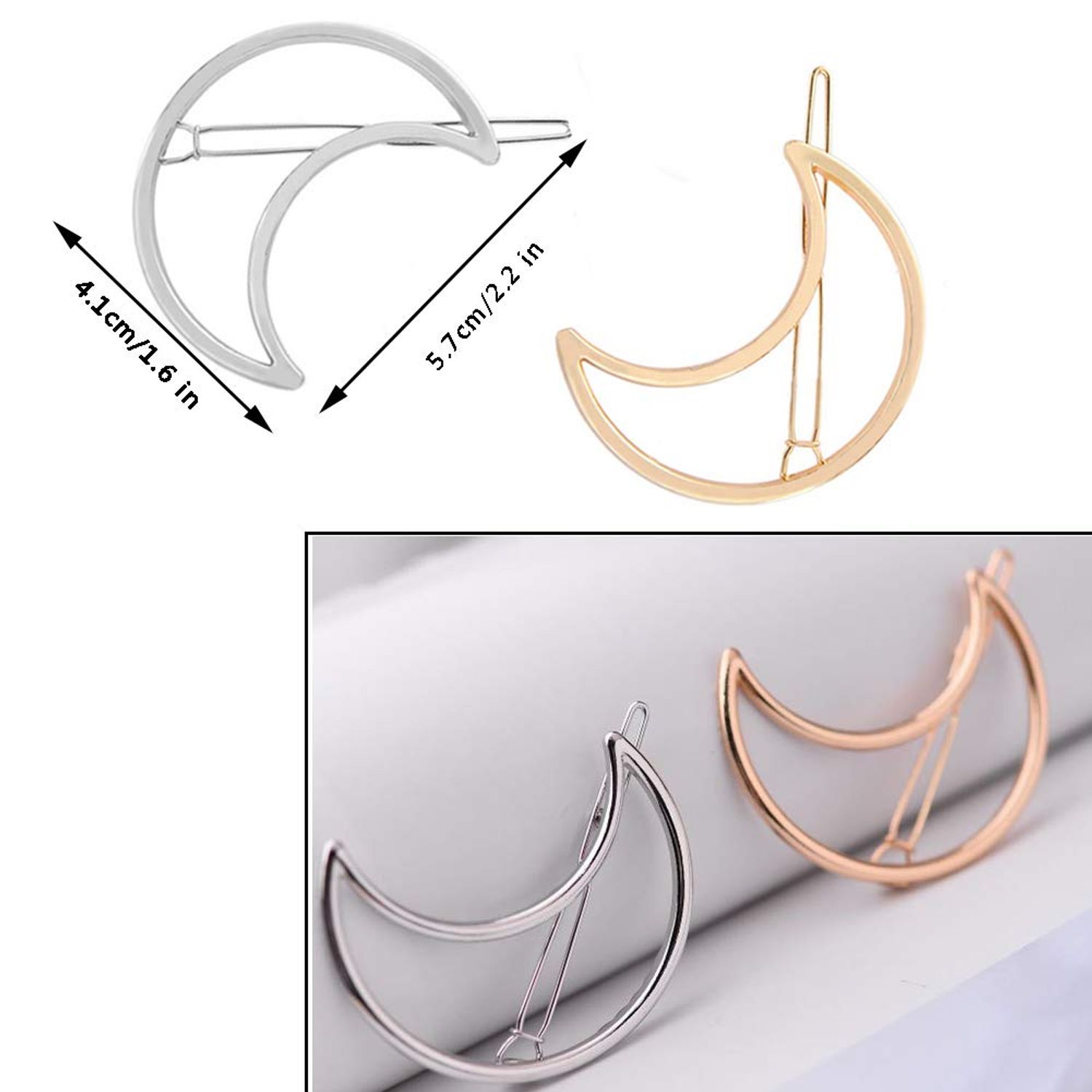 AKOAK Hollow Hoop Crescent Moon Shape Geometric Metal Hair Clip Bobby Pin Ponytail Holder Hair Accessories for Women and Girl (2 Pcs/Lot,1 Gold & 1 Silver)