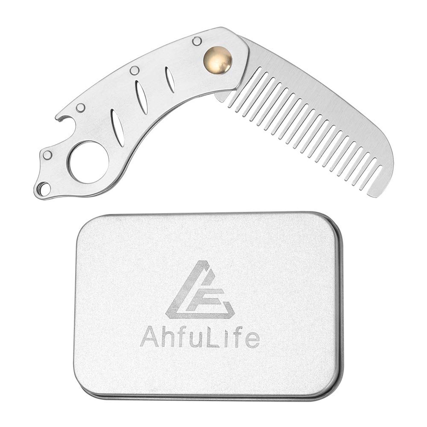 Stainless Steel Metal Hair & Beard Comb, AhfuLife Multifunctional Folding EDC Pocket Comb With Bottle Opener Fits In Keychain - Anti-Static Hair & Beard Care Comb Mustache Comb - Presented in Gift Box