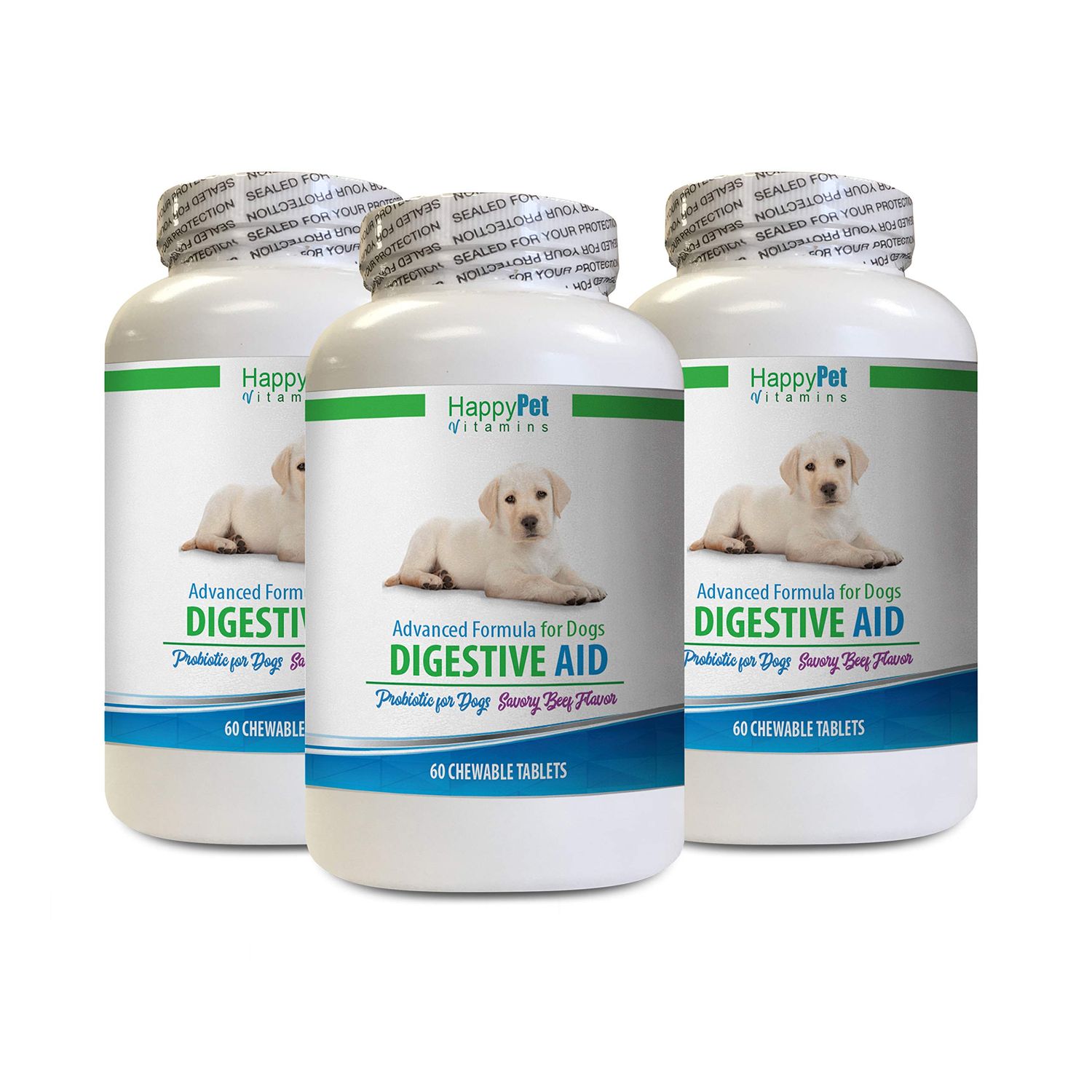 HAPPY PET VITAMINS LLC Digestive Care Wet Dog Food - Dog Digestive AID - Natural PROBIOTIC and PREBIOTIC Blend - Optimal Gut and INTESTINE Health - Dog probiotic Capsules - 3 Bottles (180 Treats)