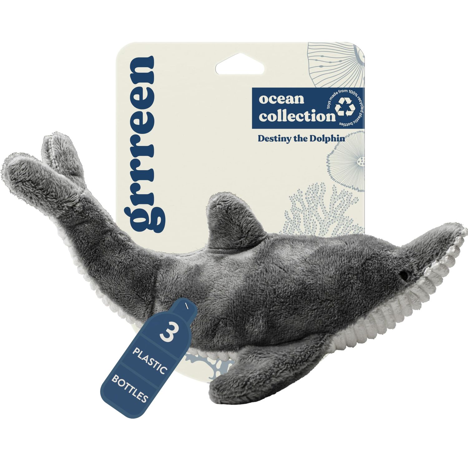 GRRREEN Ocean Collection Dog Toys | Medium Sized Destiny The Dolphin | Cute, Durable, & Sustainable Plush Chew Toys for Dogs | Made from Eco Friendly & Recycled Materials | Go Green!