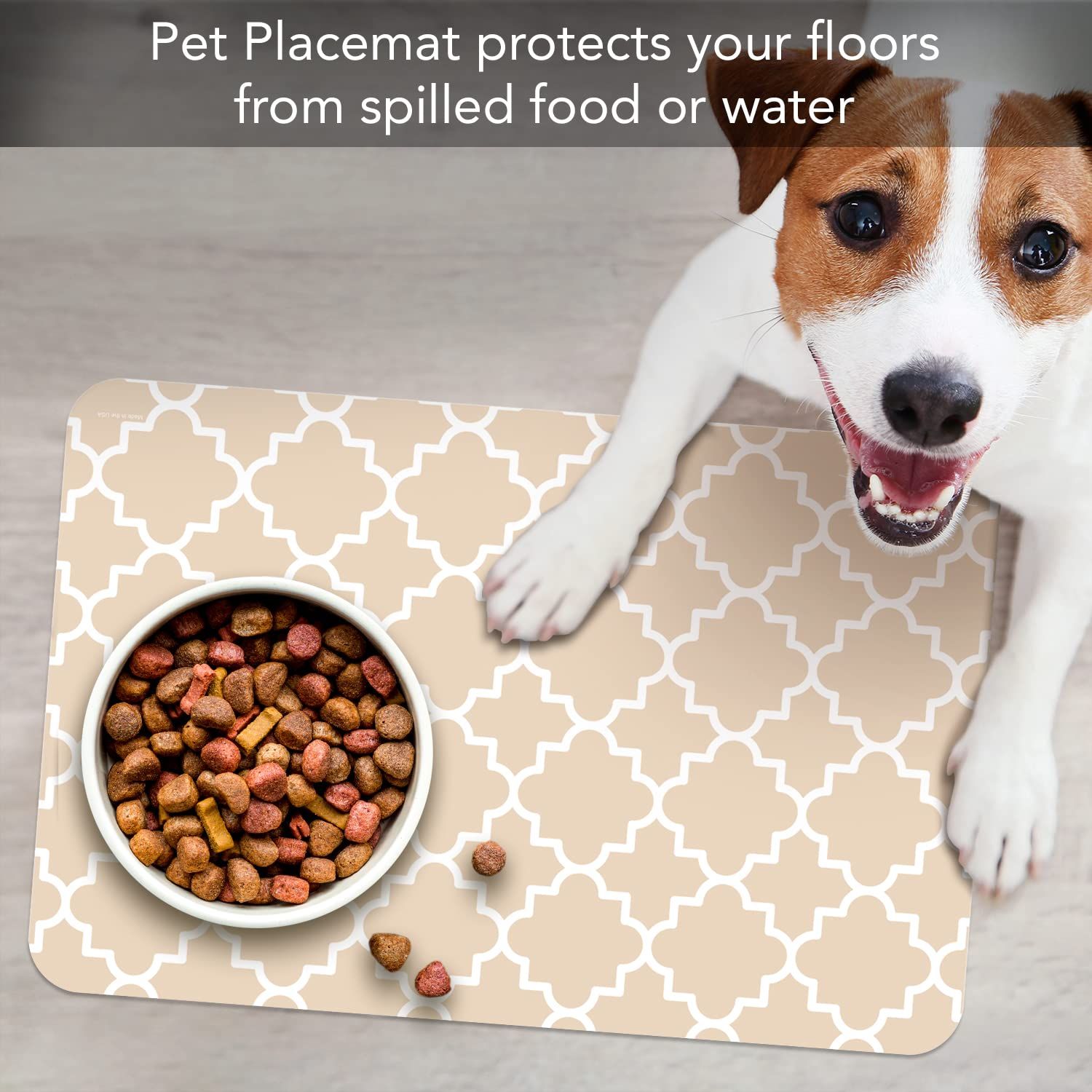 CounterArt Quatrefoil Easy Care Waterproof Pet Placemat 17.13” x 11.25” Made in The USA of BPA Free Plastic, Safe for Pets, Protects Floors from Cat & Dog Bowls