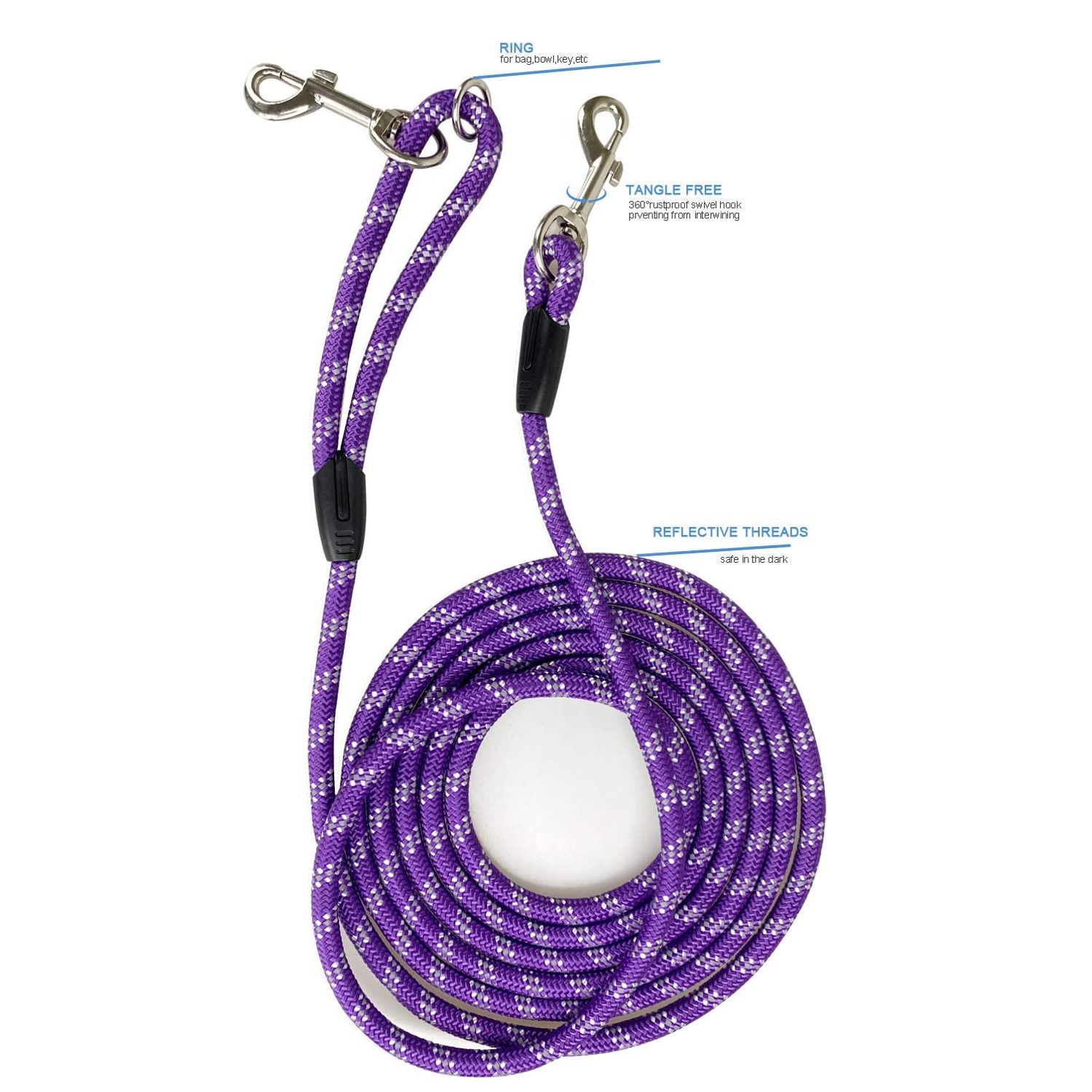 Codepets Long Rope Dog Leash for Dog Training 12FT 20FT 30FT 50FT, Reflective Threads Dog Leashes Tie-Out Check Cord Recall Training Agility Lead for Large Medium Small Dogs Purple