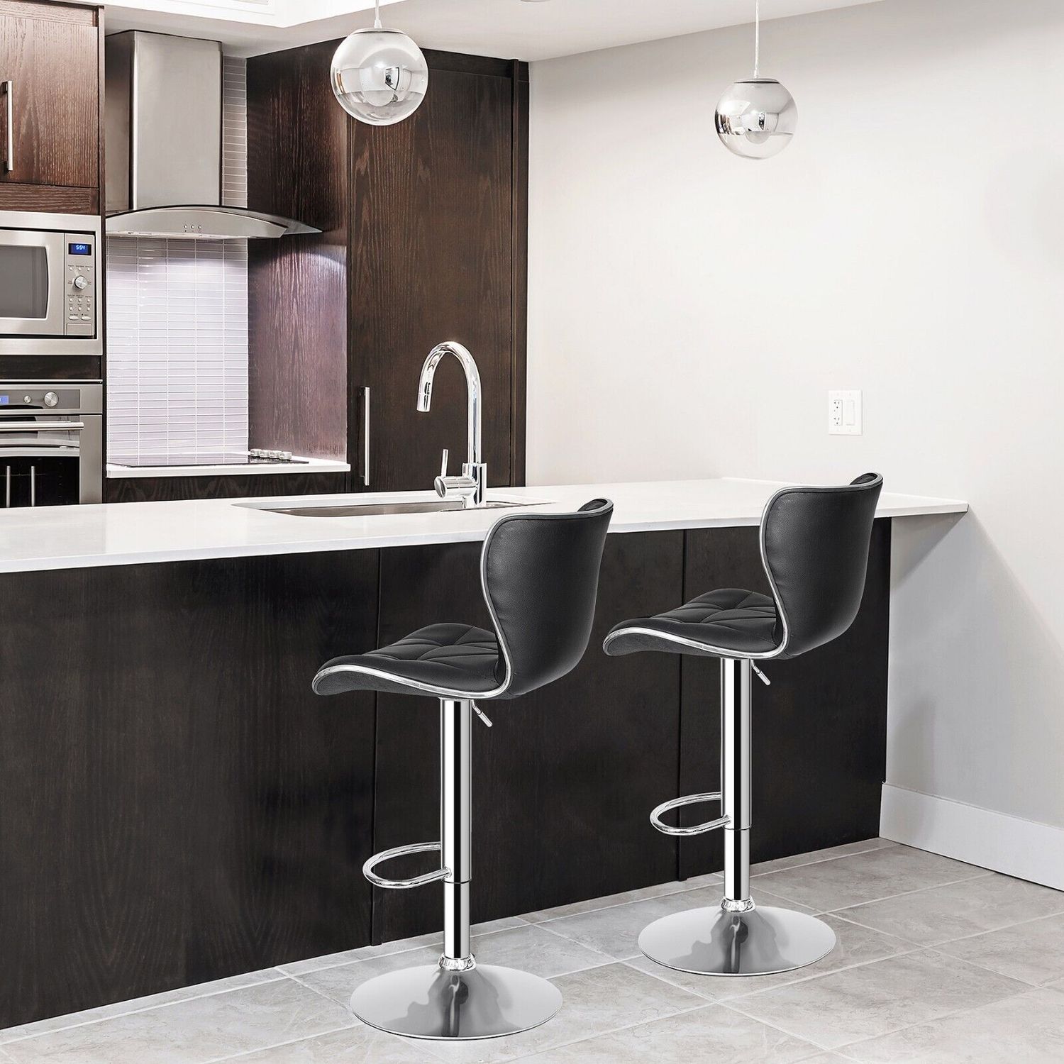 Set of 4 Black Bar Stools w/Shell Back PU Leather Back Adjustable Swivel Stools