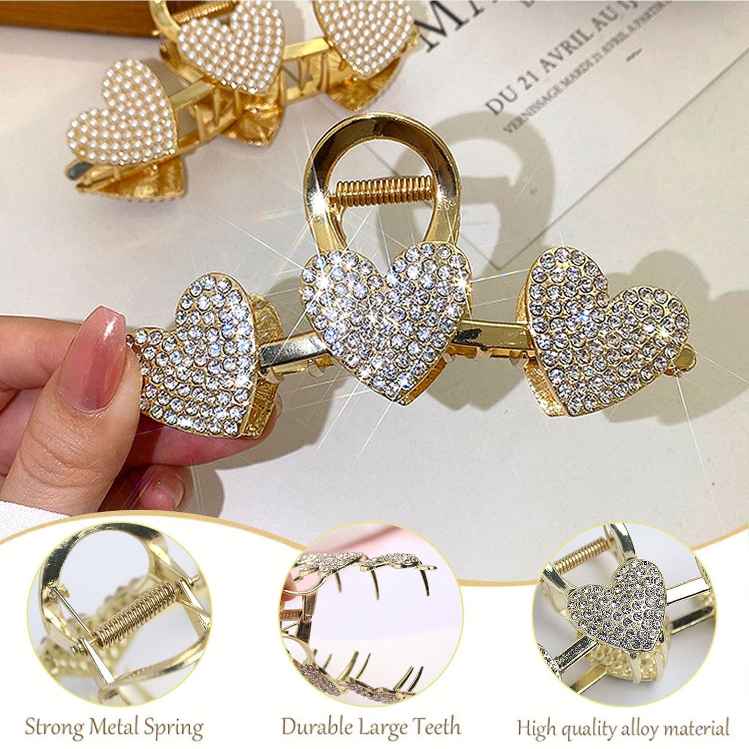 Pearls Heart Hair Clips Valentines Day Hair Accessories for Women Girls Rhinestones Gold Metal Hair Claw Clips Shiny Hearts Hairpins Strong Hold Hair Clip for Thick or Thin Hair Decoration 1 Pcs